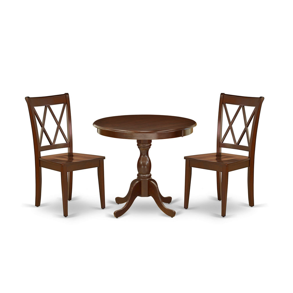 East West Furniture AMCL3-MAH-W 3 Piece Dining Room Table Set  Contains a Round Wooden Table with Pedestal and 2 Kitchen Dining Chairs