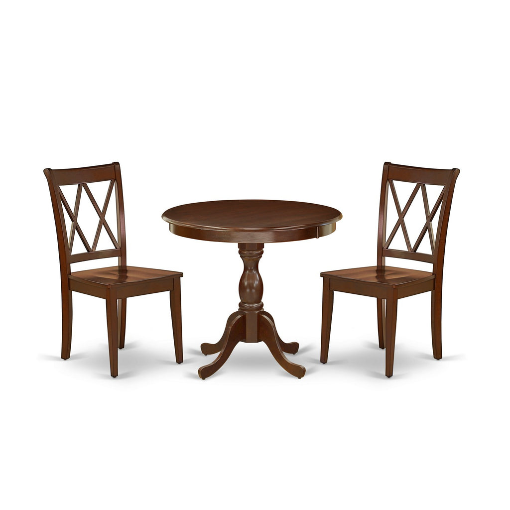 East West Furniture AMCL3-MAH-W 3 Piece Dining Room Table Set  Contains a Round Wooden Table with Pedestal and 2 Kitchen Dining Chairs, 36x36 Inch, Mahogany