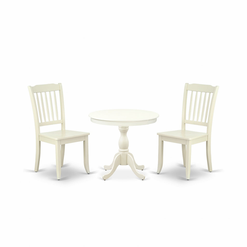 Juego de comedor de 3 piezas East West Furniture AMDA3-LWH-W para espacios pequeños. Contiene una mesa de cocina redonda con pedestal y 2 sillas de comedor.