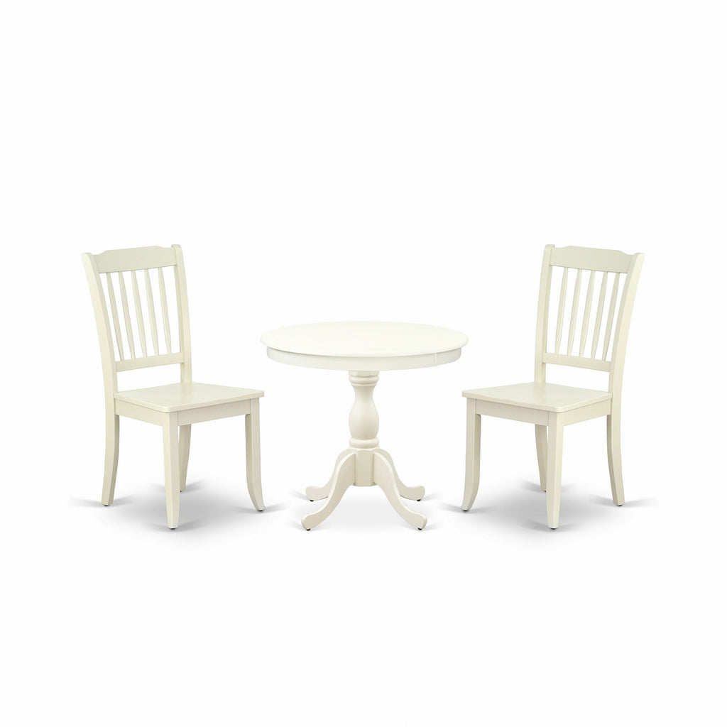 East West Furniture AMDA3-LWH-W 3 Piece Dinette Set for Small Spaces Contains a Round Kitchen Table with Pedestal and 2 Dining Chairs, 36x36 Inch, Linen White