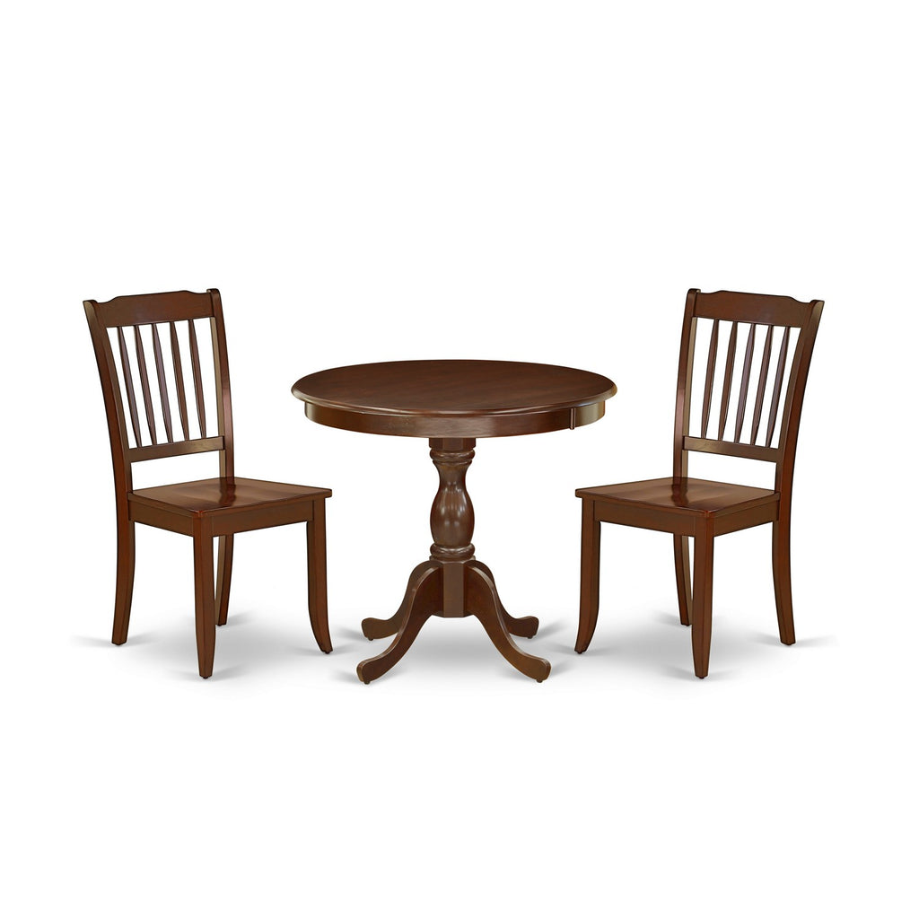 Juego de mesa de comedor de 3 piezas AMDA3-MAH-W de East West Furniture para espacios pequeños. Contiene una mesa de cocina redonda con pedestal y 2 sillas de comedor.