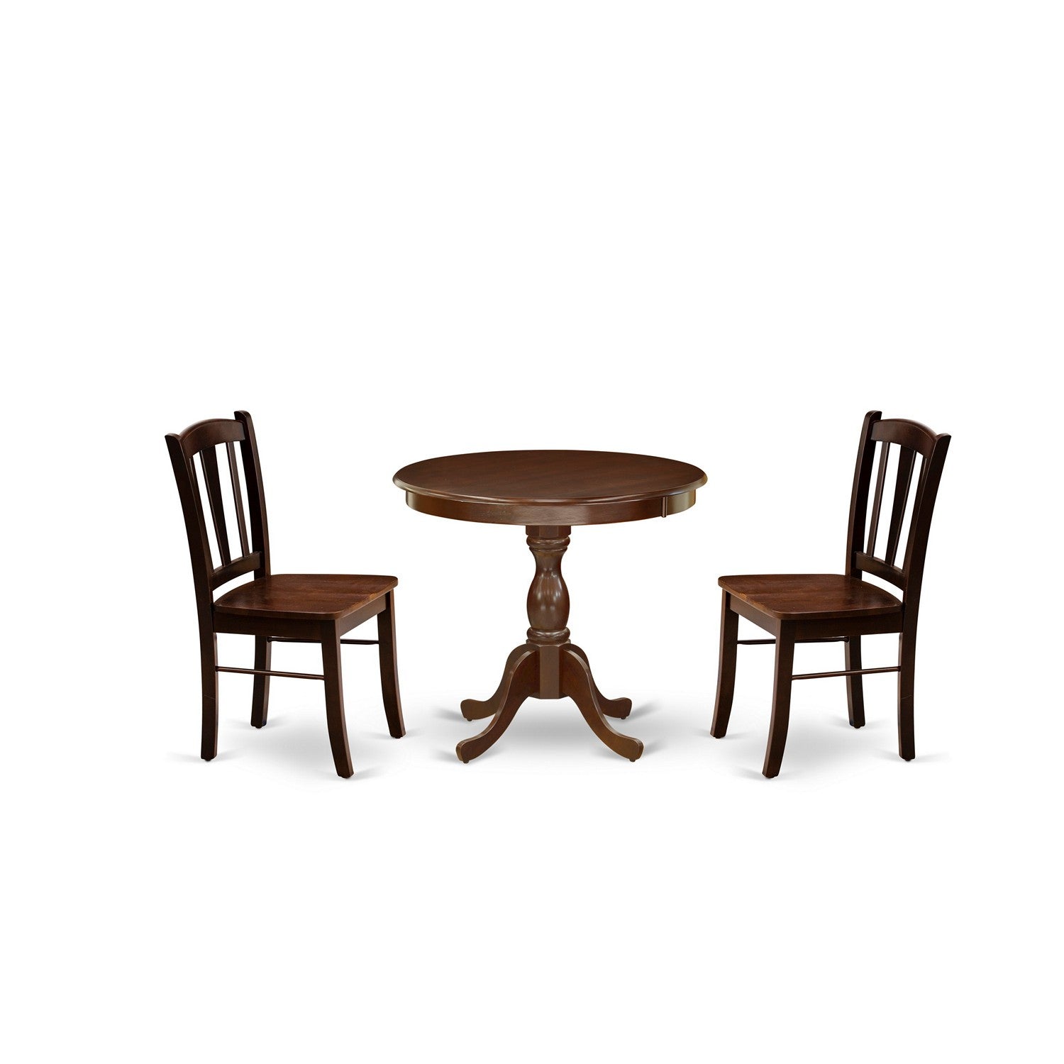 EAST WEST FURNITURE - AMDL3-MAH-W - 3-Pc Dining Room Table Set- 2 Modern Dining Chairs and Wooden Dining Room Table - Wooden Seat and Slatted Chair Back - Mahogany Finish