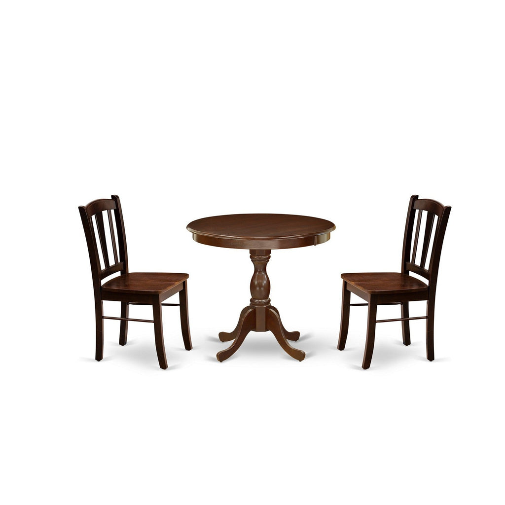 East West Furniture AMDL3-MAH-W 3 Piece Kitchen Table Set for Small Spaces Contains a Round Dining Table with Pedestal and 2 Dining Room Chairs