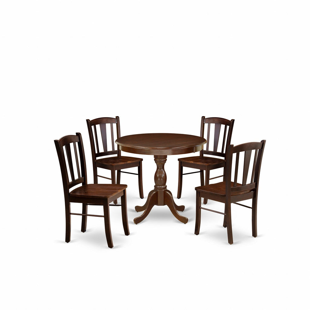 East West Furniture AMDL5-MAH-W 5 Piece Kitchen Table Set for 4 Includes a Round Dining Room Table with Pedestal and 4 Solid Wood Seat Chairs