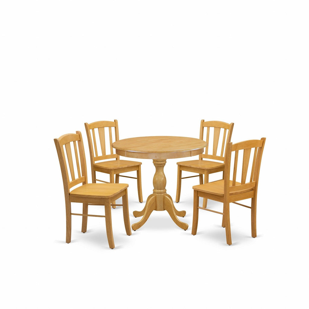 East West Furniture AMDL5-OAK-W 5 Piece Dinette Set for 4 Includes a Round Kitchen Table with Pedestal and 4 Dining Chairs, 36x36 Inch, Oak