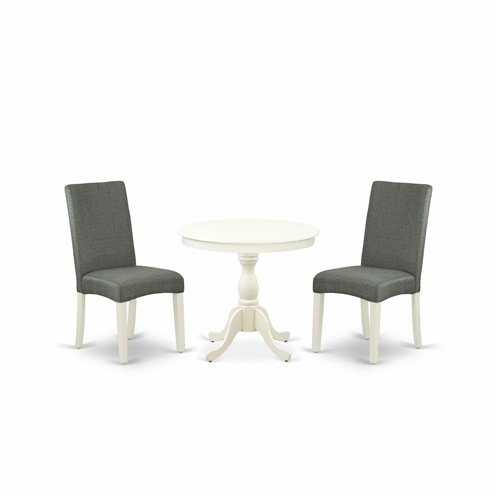Juego de mesa de comedor de 3 piezas East West Furniture AMDR3-LWH-07 para espacios pequeños. Contiene una mesa de cocina redonda con pedestal y 2 sillas tapizadas en tela de lino gris.