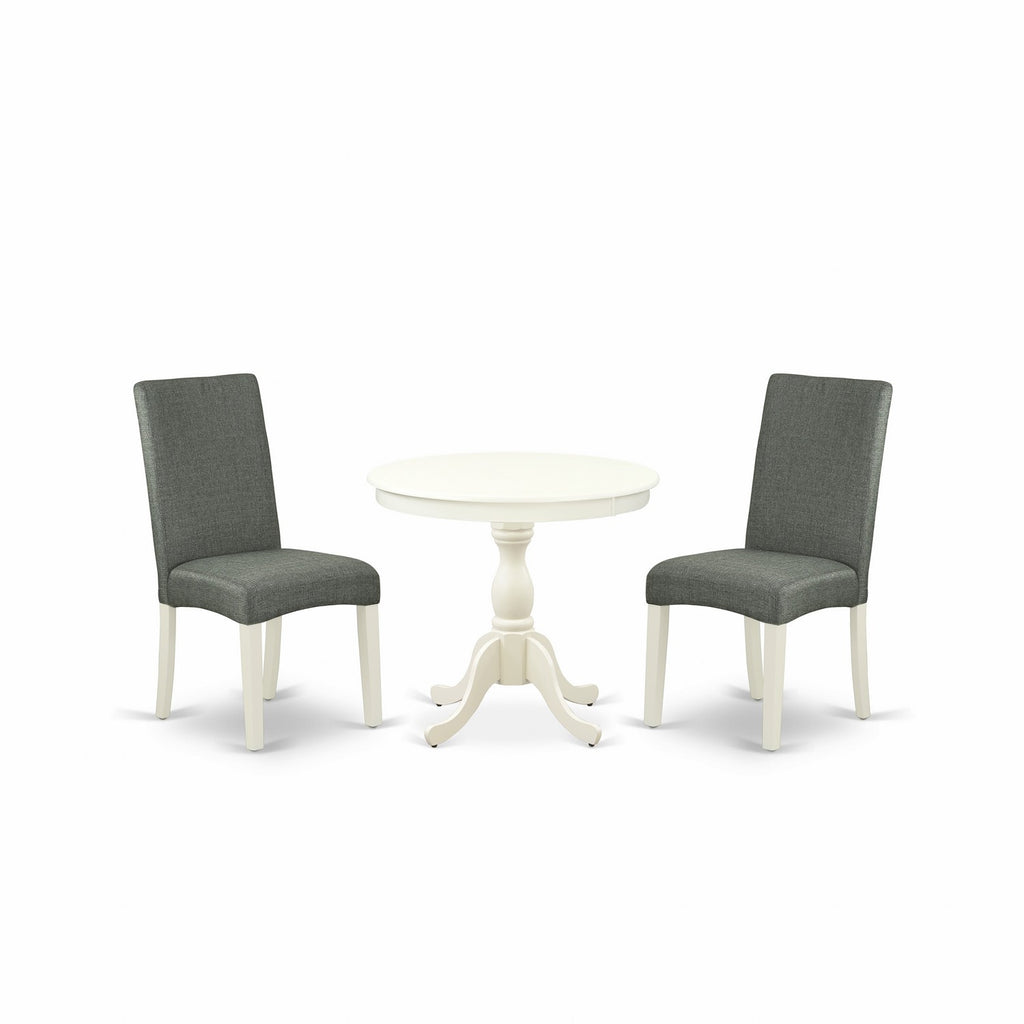 East West Furniture AMDR3-LWH-07 3 Piece Dining Table Set for Small Spaces Contains a Round Kitchen Table with Pedestal and 2 Gray Linen Fabric Upholstered Chairs, 36x36 Inch, Linen White