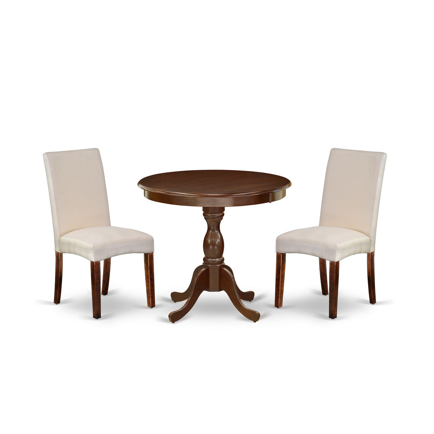 Juego de comedor de 3 piezas East West Furniture AMDR3-MAH-01 para espacios pequeños. Contiene una mesa de cocina redonda con pedestal y 2 sillas de comedor Parson de tela de lino color crema.