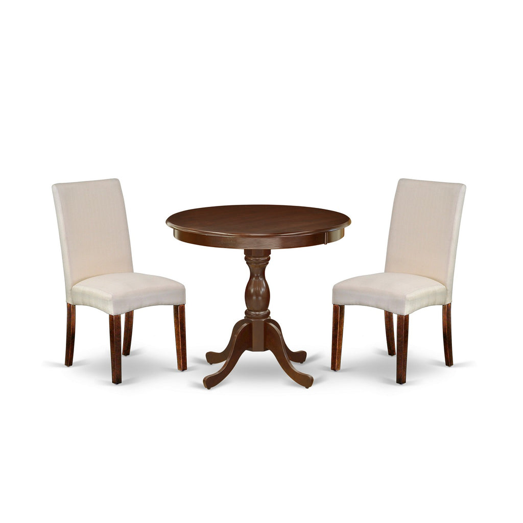 Juego de comedor de 3 piezas East West Furniture AMDR3-MAH-01 para espacios pequeños. Contiene una mesa de cocina redonda con pedestal y 2 sillas de comedor Parson de tela de lino color crema.