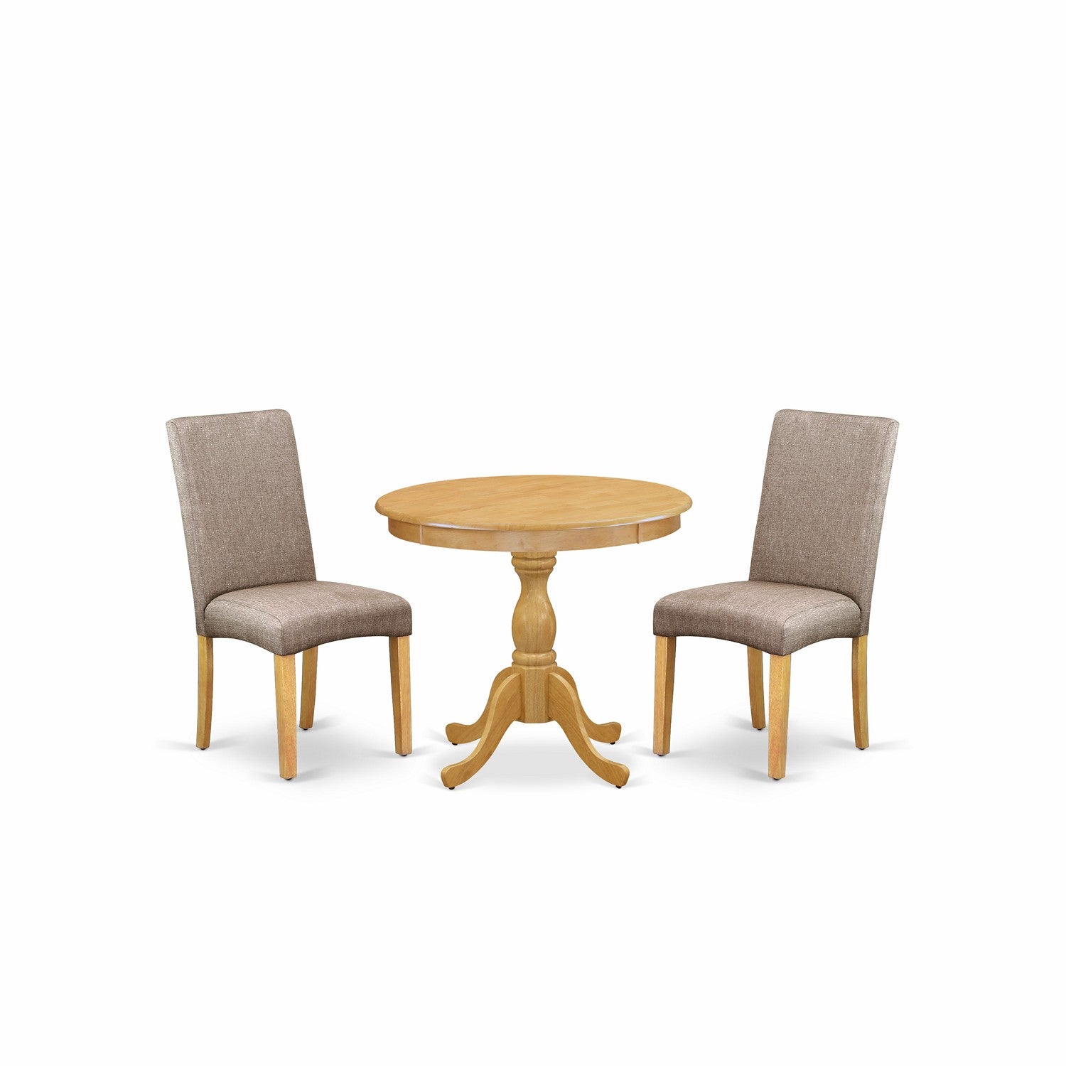 East West Furniture AMDR3-OAK-16 3 Piece Wood Dining Table Set Consists of 1 Round Pedestal Dining Table and 2 Dark Khaki Linen Fabric Parson Dining Chairs with High Back - Oak Finish