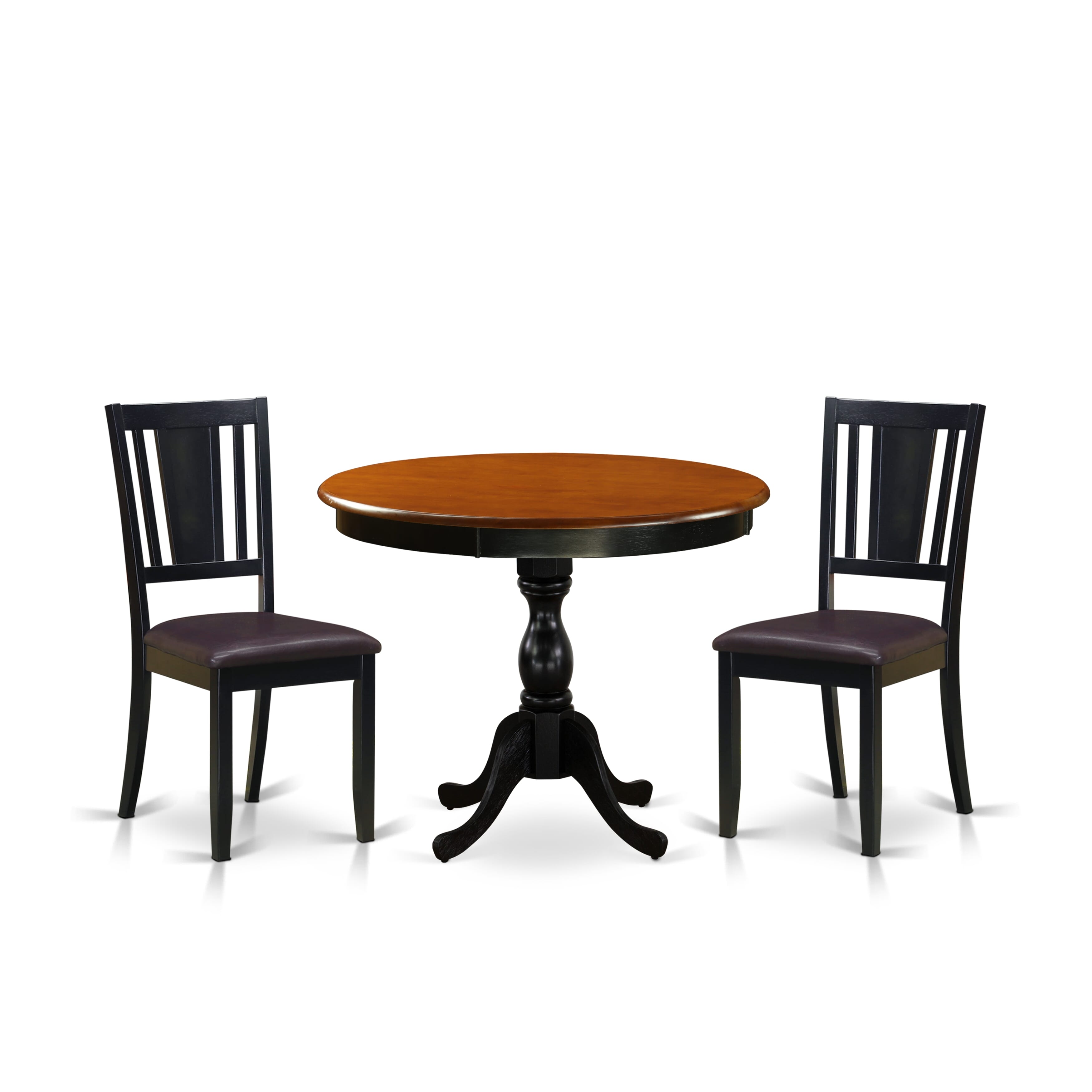 East West Furniture AMDU3-BCH-LC 3-Pc Dining Room Table Set Contains a Mid Century Dining Table and 2 faux Leather Dining Chairs with Panel Back - Black Finish