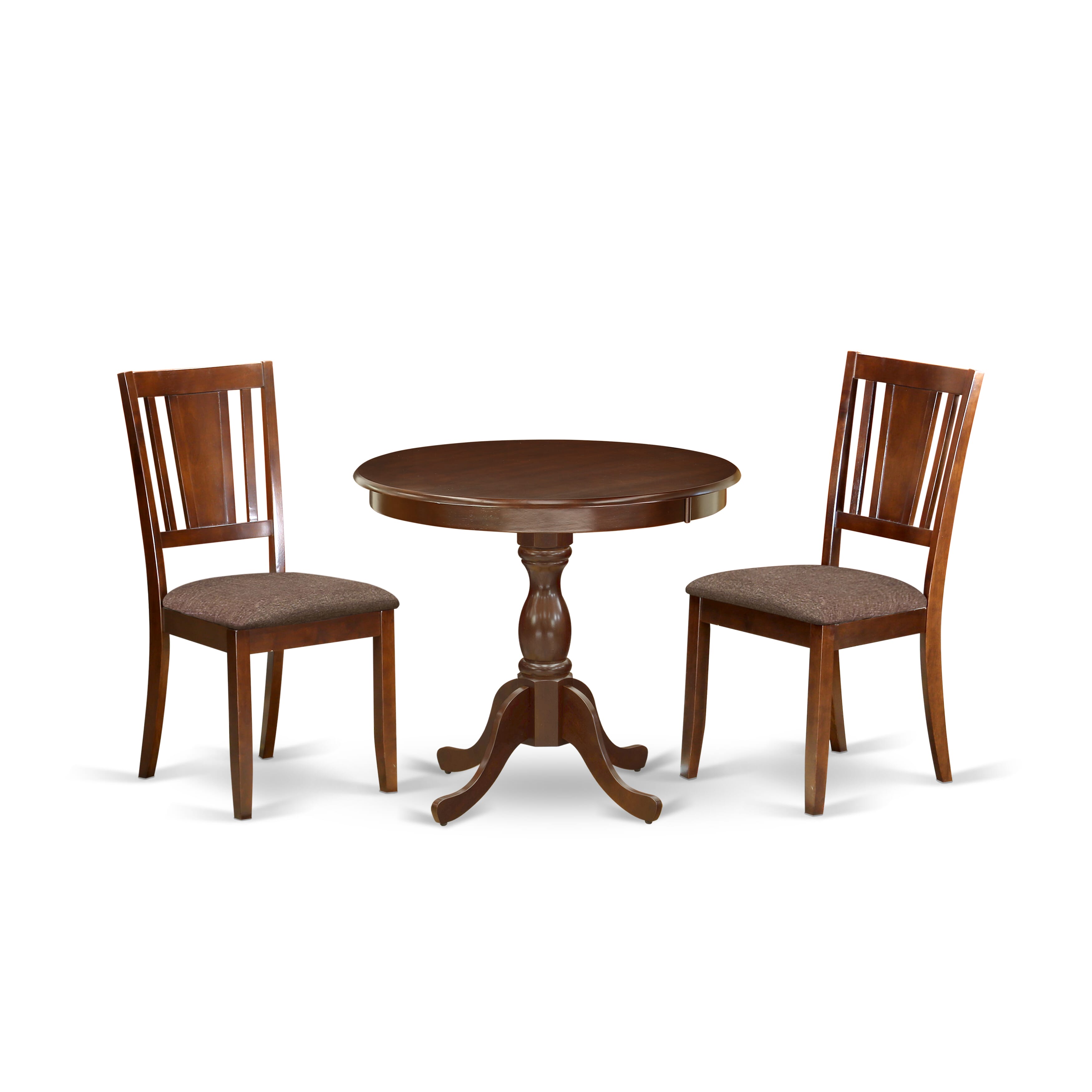 East West Furniture AMDU3-MAH-C 3 Piece Modern Dining Table Set Contains 1 Round Pedestal Table and 2 Mahogany faux Leather Kitchen Chair with Panel Back - Mahogany Finish