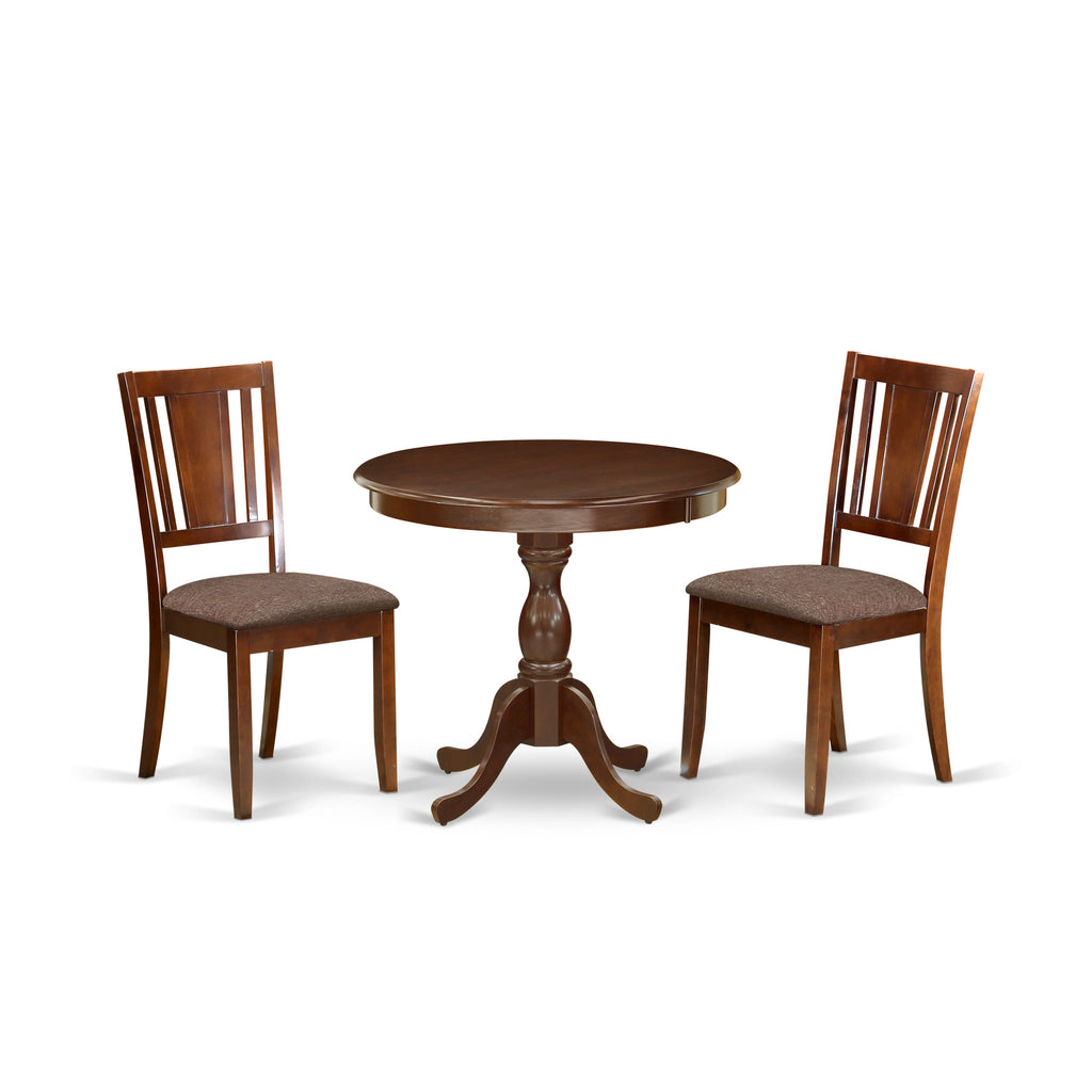 East West Furniture AMDU3-MAH-C 3 Piece Dining Set Contains a Round Kitchen Table with Pedestal and 2 Linen Fabric Dining Room Chairs