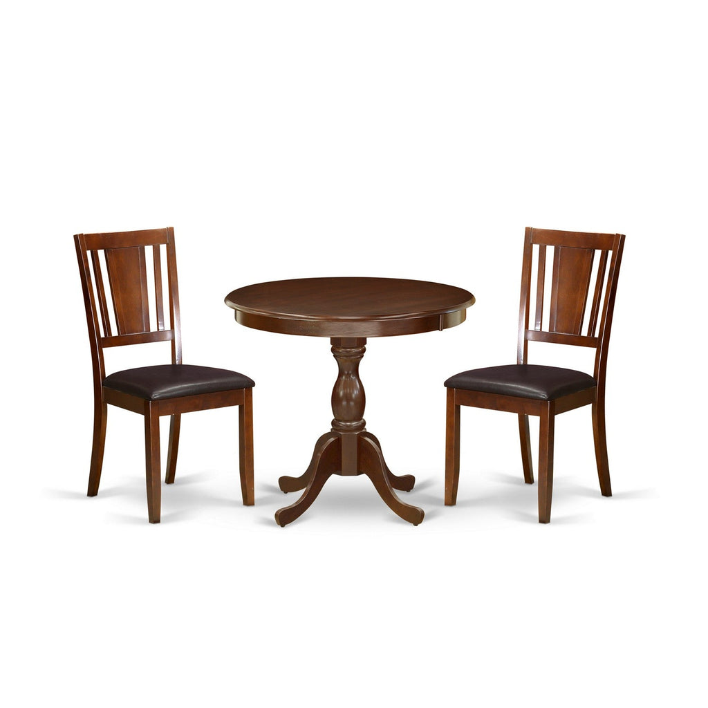 East West Furniture AMDU3-MAH-LC 3Pc Dining Table Set - 36" Round Table and 2 Dining Chairs - Mahogany Color