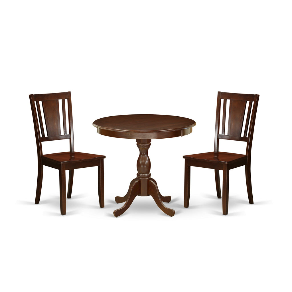 East West Furniture AMDU3-MAH-W 3 Piece Dining Set Contains a Round Dining Room Table with Pedestal and 2 Wood Seat Chairs