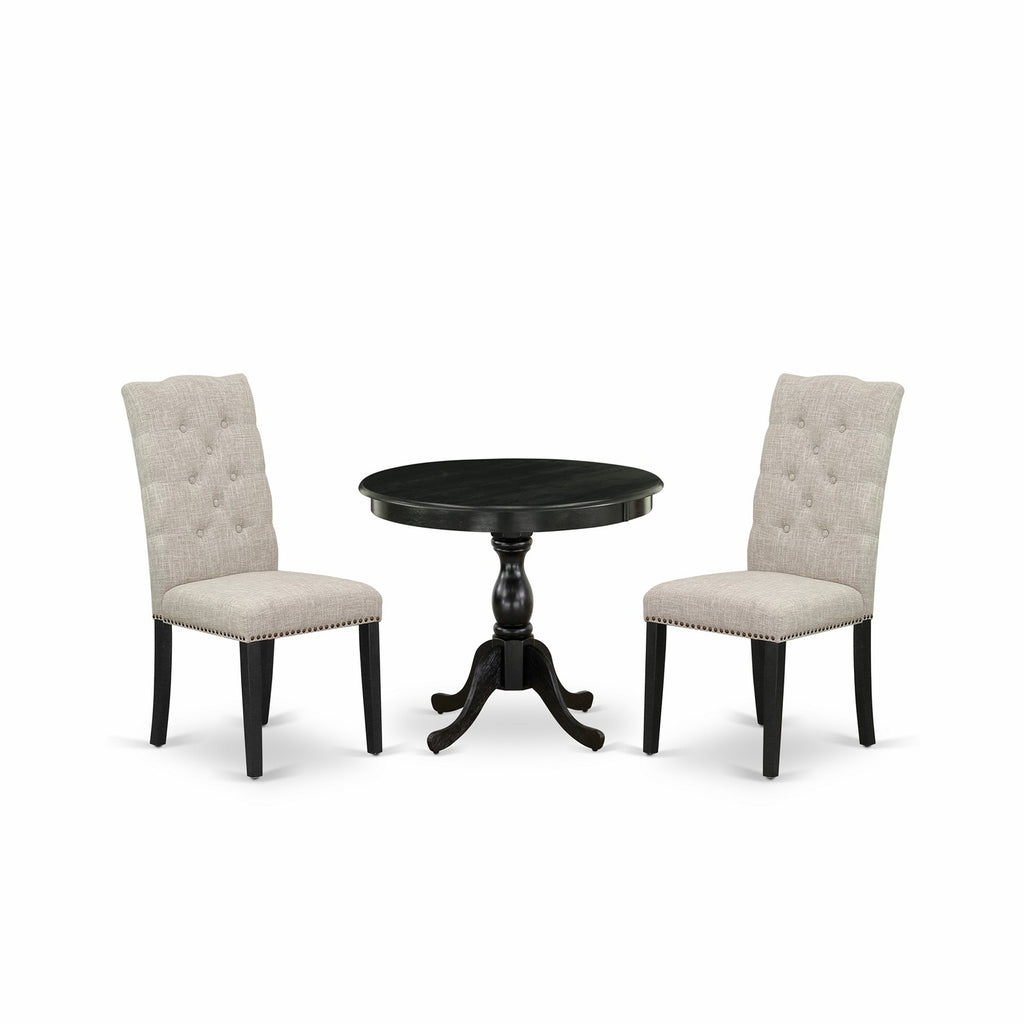 East West Furniture AMEL3-ABK-35 3 Piece Kitchen Table & Chairs Set Contains a Round Dining Room Table with Pedestal and 2 Doeskin Linen Fabric Upholstered Chairs