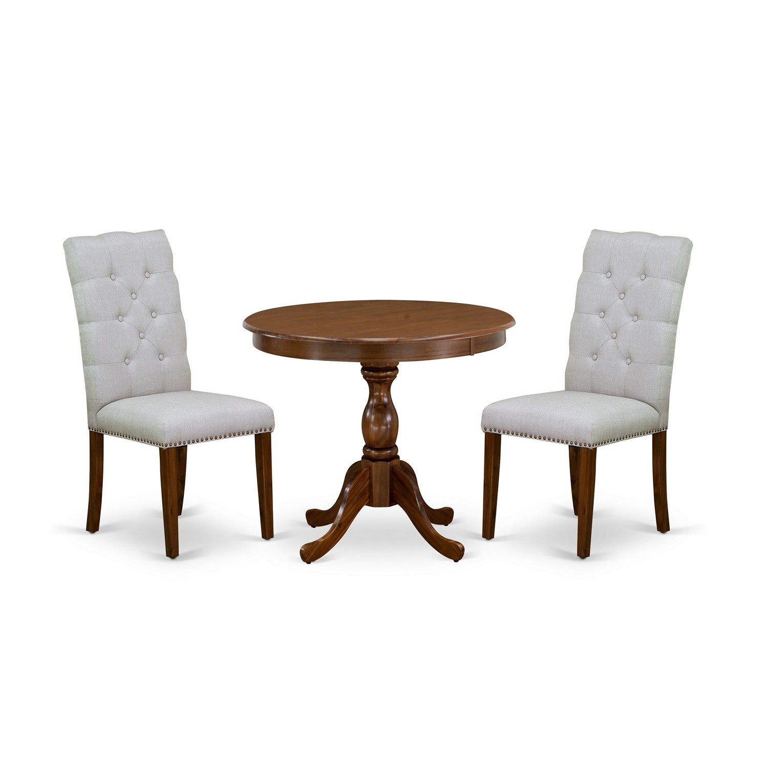 East West Furniture AMEL3-AWA-05 3 Piece Dinette Set Consists of 1 Pedestal Table and 2 Grey Linen Fabric Kitchen Chair Button Tufted Back with Nail Heads - Acacia Walnut Finish