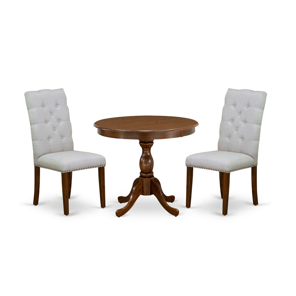 East West Furniture AMEL3-AWA-05 3 Piece Dining Room Furniture Set Contains a Round Kitchen Table with Pedestal and 2 Grey Linen Fabric Parsons Dining Chairs