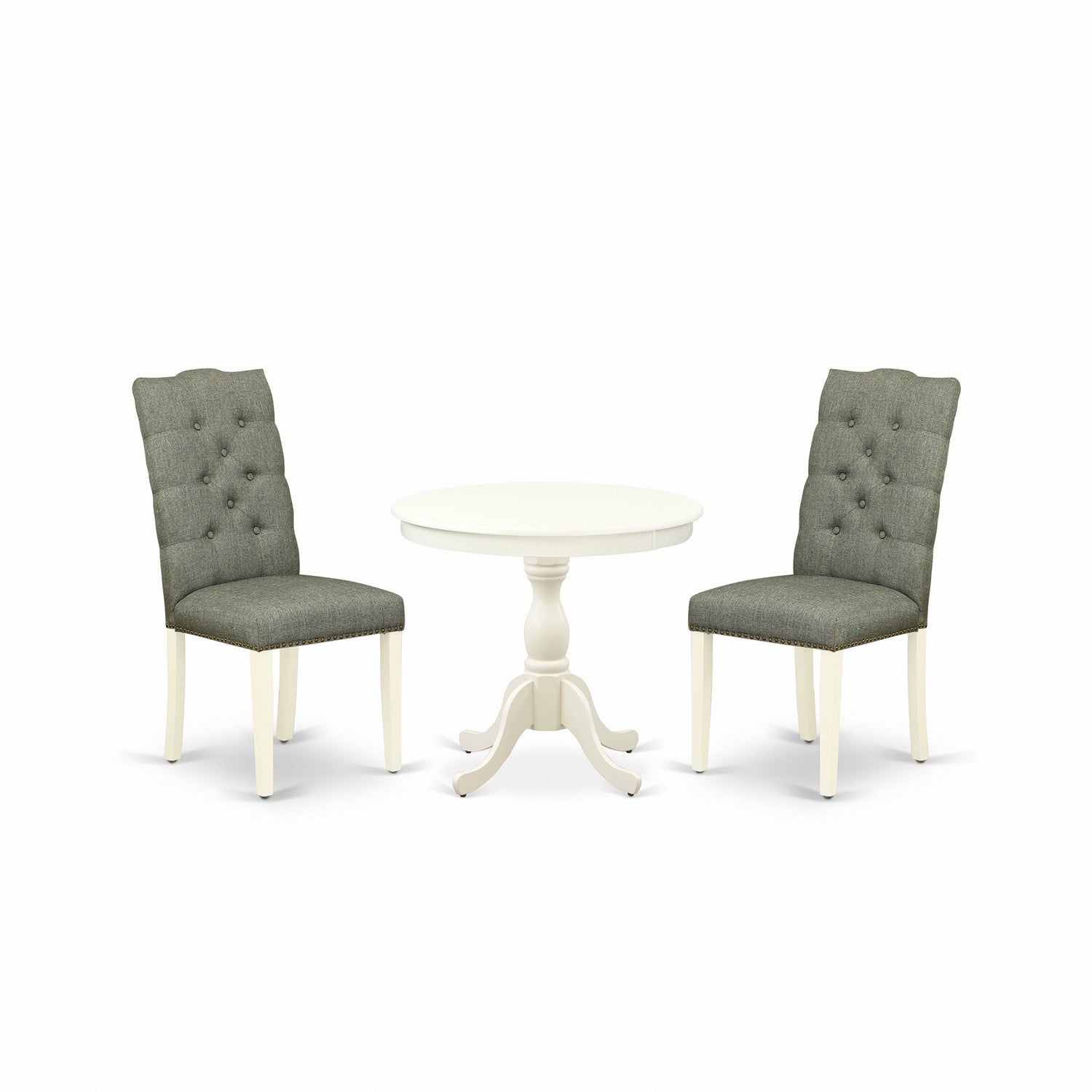 Juego de mesa de cocina de 3 piezas East West Furniture AMEL3-LWH-07 que incluye una mesa de comedor redonda con pedestal y 2 sillas tapizadas en tela de lino gris.