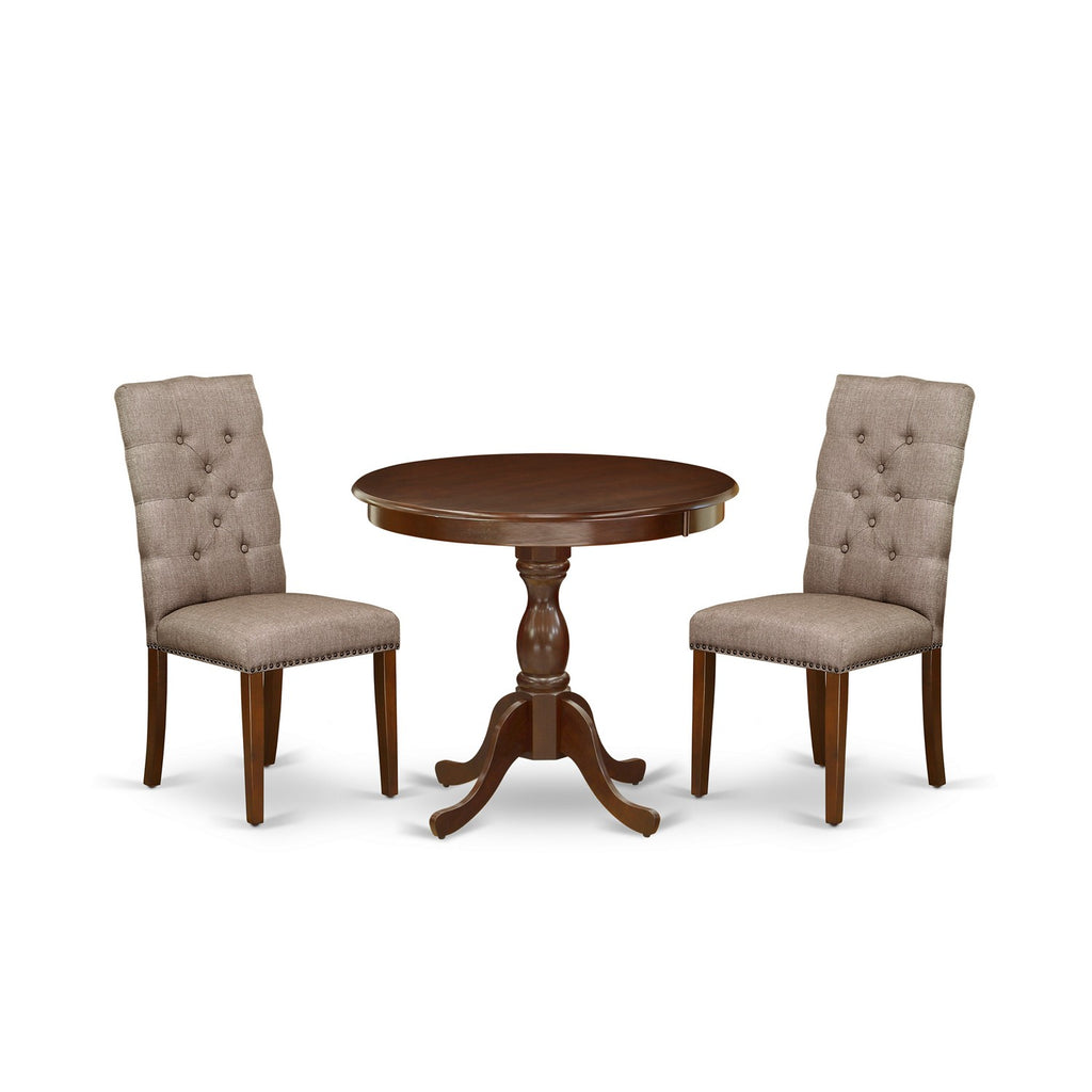 East West Furniture AMEL3-MAH-16 3 Piece Modern Dining Table Set Contains a Round Kitchen Table with Pedestal and 2 Dark Khaki Linen Fabric Upholstered Chairs, 36x36 Inch, Mahogany