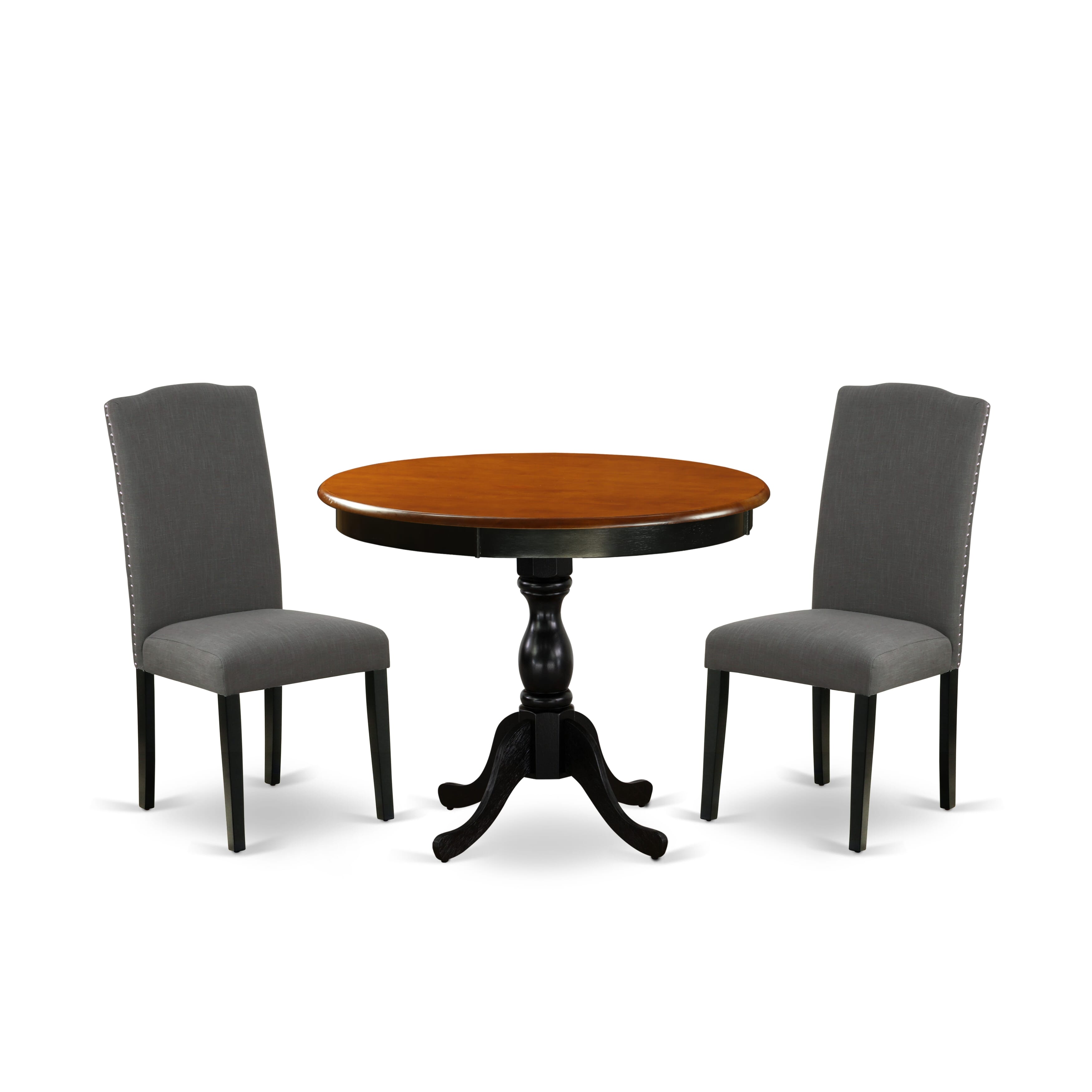 East West Furniture AMEN3-BCH-20 3-Pc Wooden Dining Set Includes a Wood Table and 2 Dark Gotham Grey Linen Fabric Kitchen Chairs with High Back - Black Finish