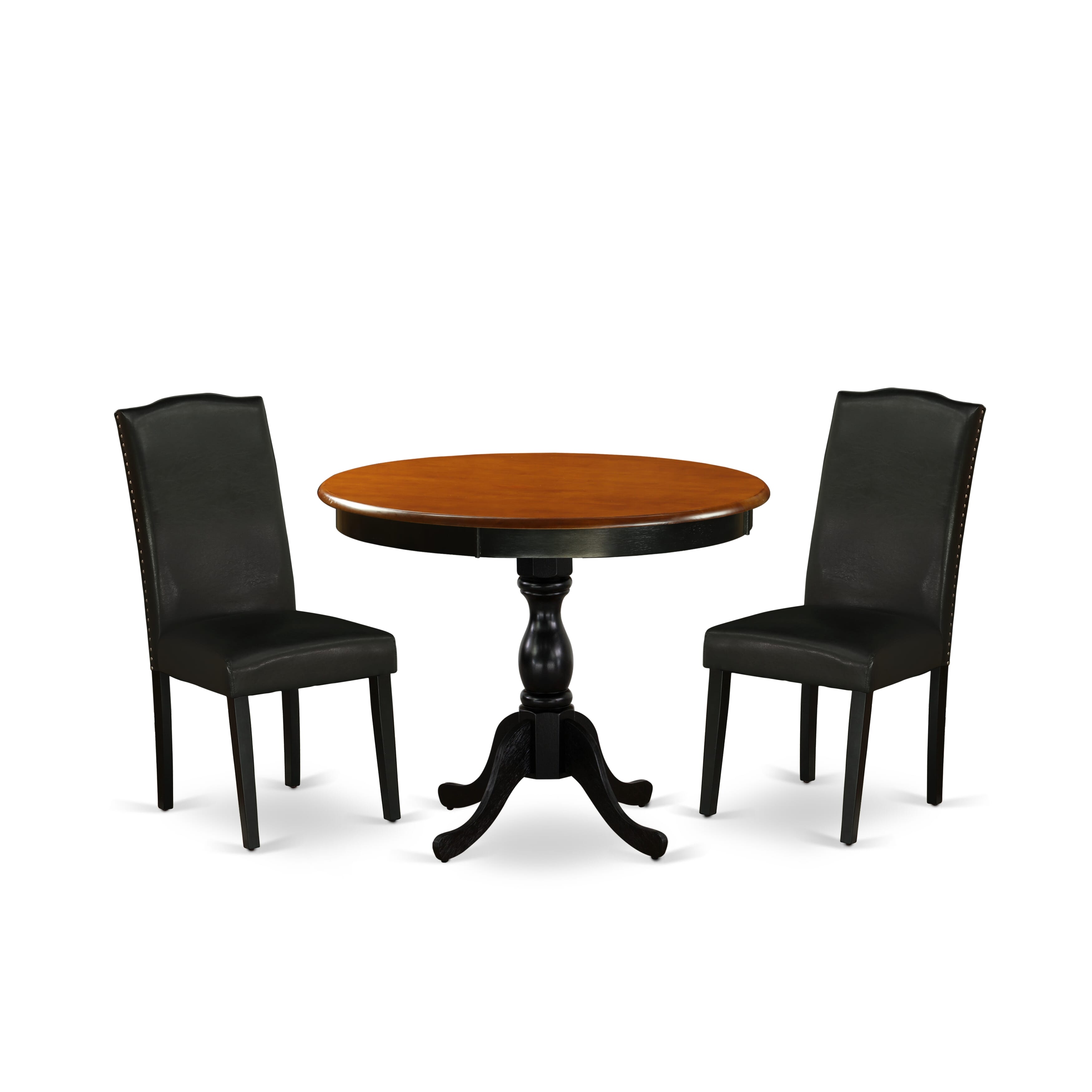 East West Furniture AMEN3-BCH-69 3-Piece Dinner Table Set Includes a Kitchen Dining Table and 2 Black PU faux Leather Padded Chairs with High Back - Black Finish