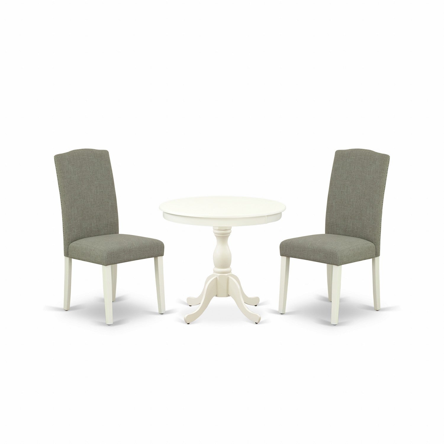 Juego de comedor de 3 piezas East West Furniture AMEN3-LWH-06. Incluye una mesa de cocina redonda con pedestal y 2 sillas de comedor Parsons de tela de lino shitake oscuro.