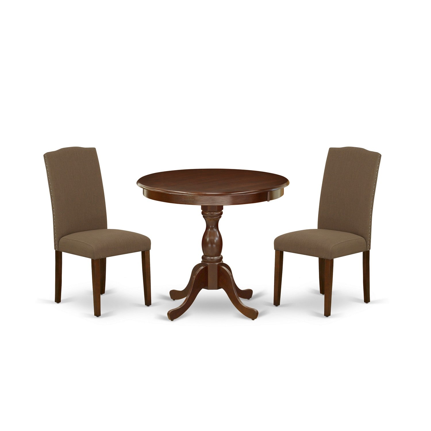Juego de mesa de comedor moderna de 3 piezas East West Furniture AMEN3-MAH-18. Incluye una mesa de cocina redonda con pedestal y 2 sillas tapizadas en tela de lino color café oscuro.