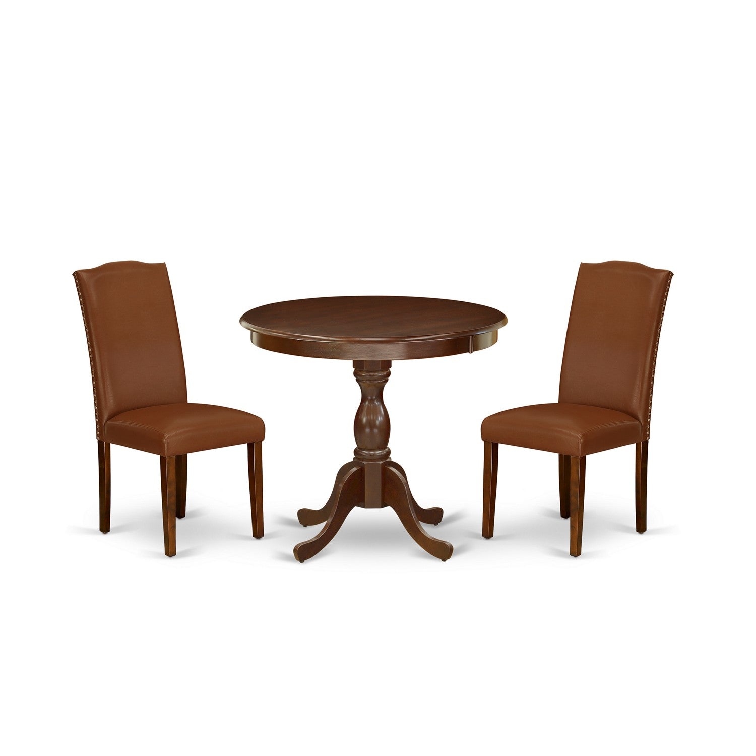 Juego de mesa de comedor de 3 piezas East West Furniture AMEN3-MAH-66 para espacios pequeños. Incluye una mesa de cocina redonda con pedestal y dos sillas Parson de piel sintética marrón.