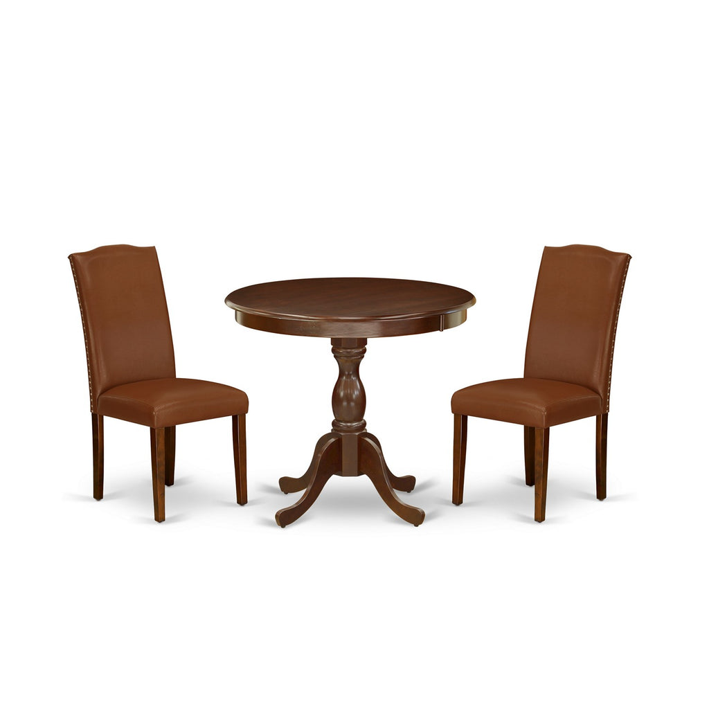 East West Furniture AMEN3-MAH-66 3 Piece Dining Table Set for Small Spaces Contains a Round Kitchen Table with Pedestal and 2 Brown Faux Faux Leather Parson Chairs