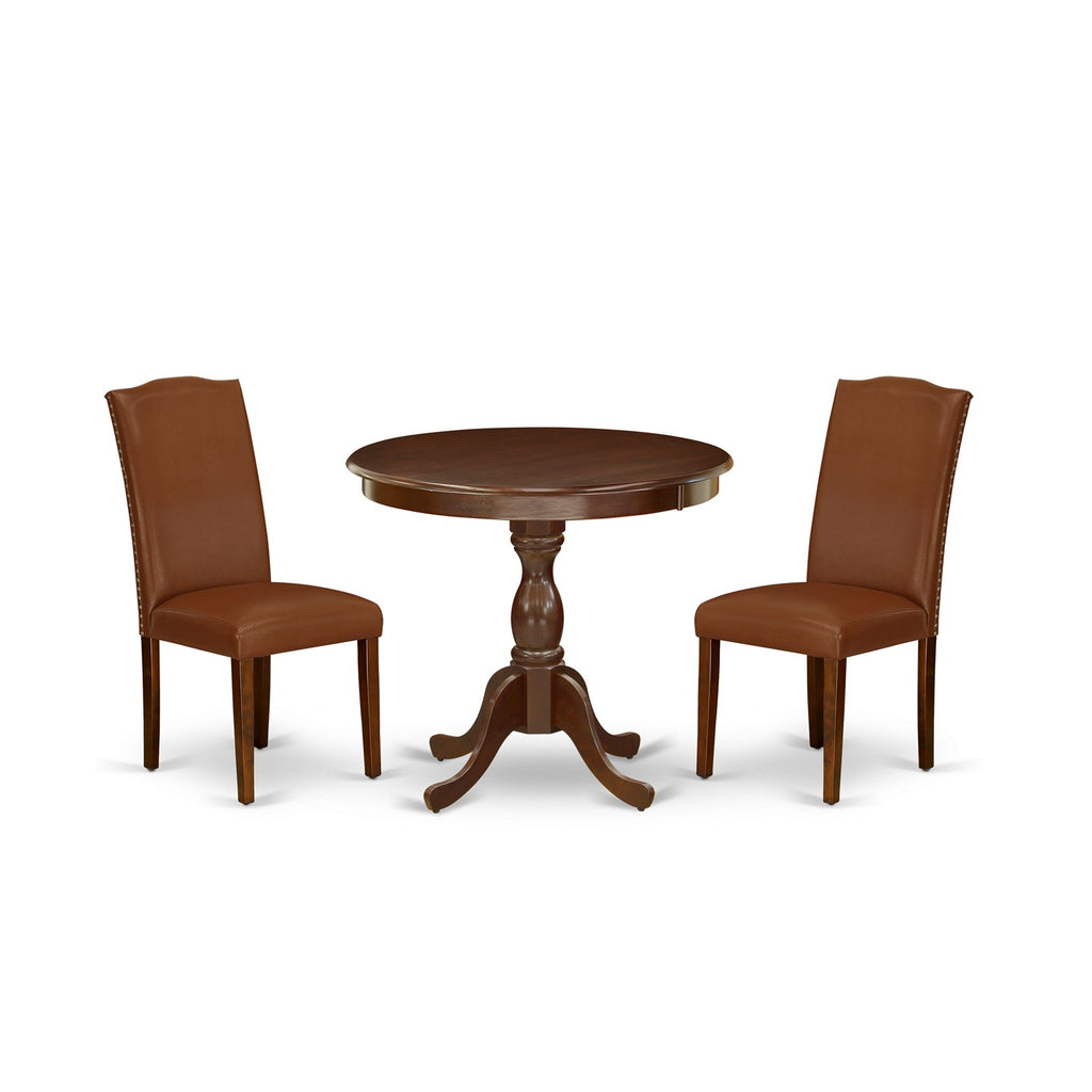 East West Furniture AMEN3-MAH-66 3 Piece Dining Table Set for Small Spaces Contains a Round Kitchen Table with Pedestal and 2 Brown Faux Faux Leather Parson Chairs, 36x36 Inch, Mahogany