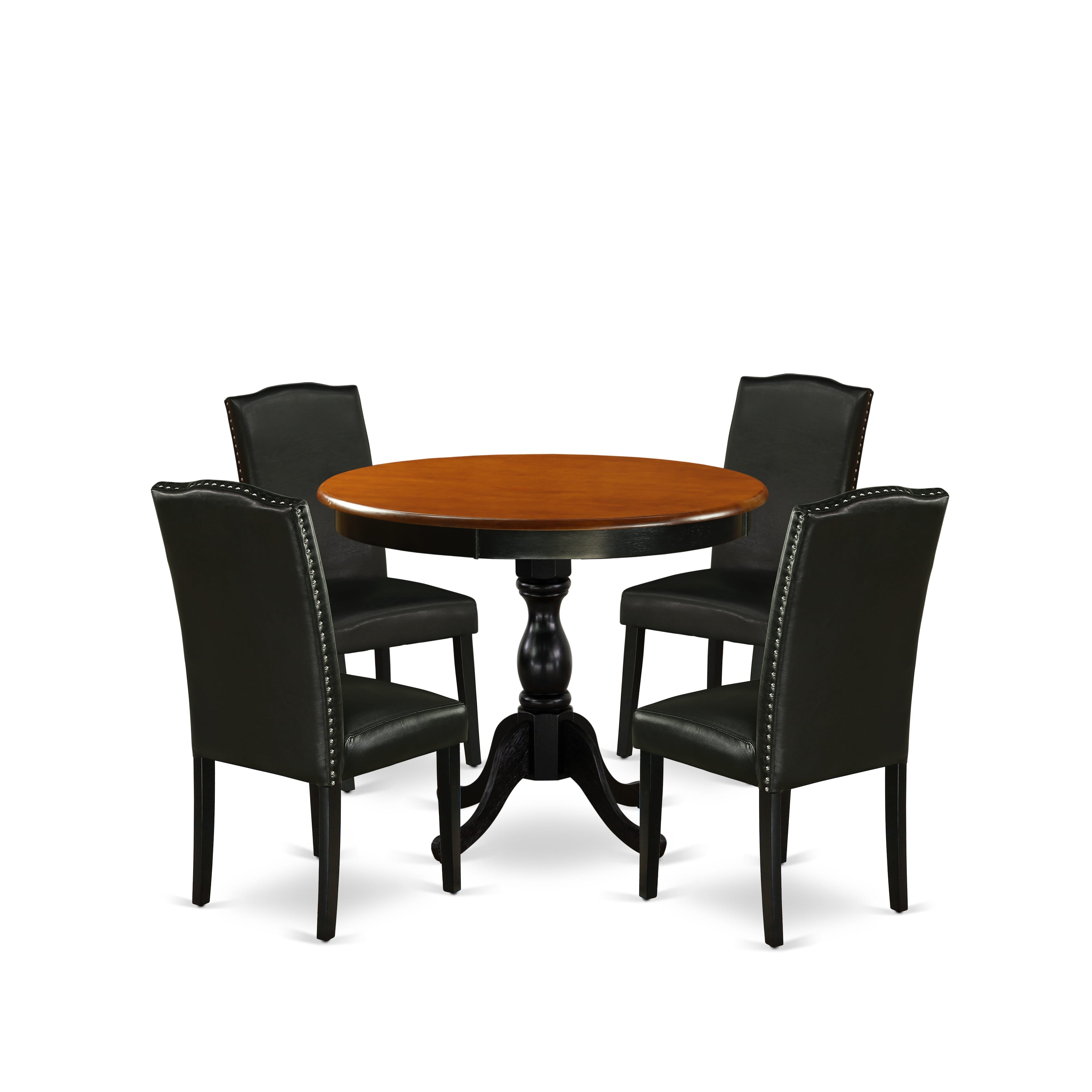 East West Furniture AMEN5-BCH-69 5-Piece Round Table Set Contains a Wood Kitchen Table and 4 Black PU faux Leather Upholstered Chairs with High Back - Black Finish