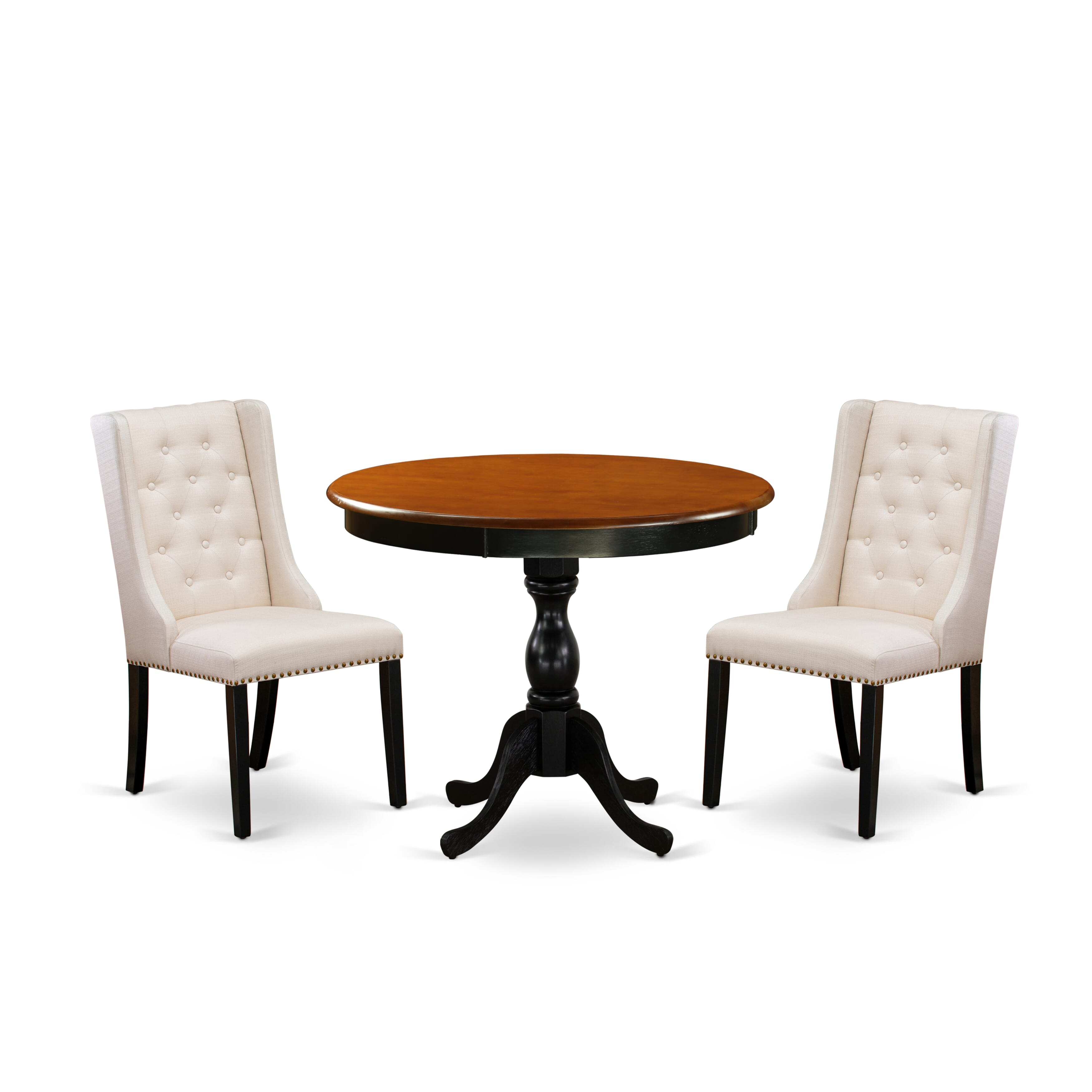 East West Furniture AMFO3-BCH-01 3-Pc Wooden Dinette Set Consists of a Dinette Table and 2 Cream Linen Fabric Mid Century Modern Chairs with Button Tufted Back - Black Finish