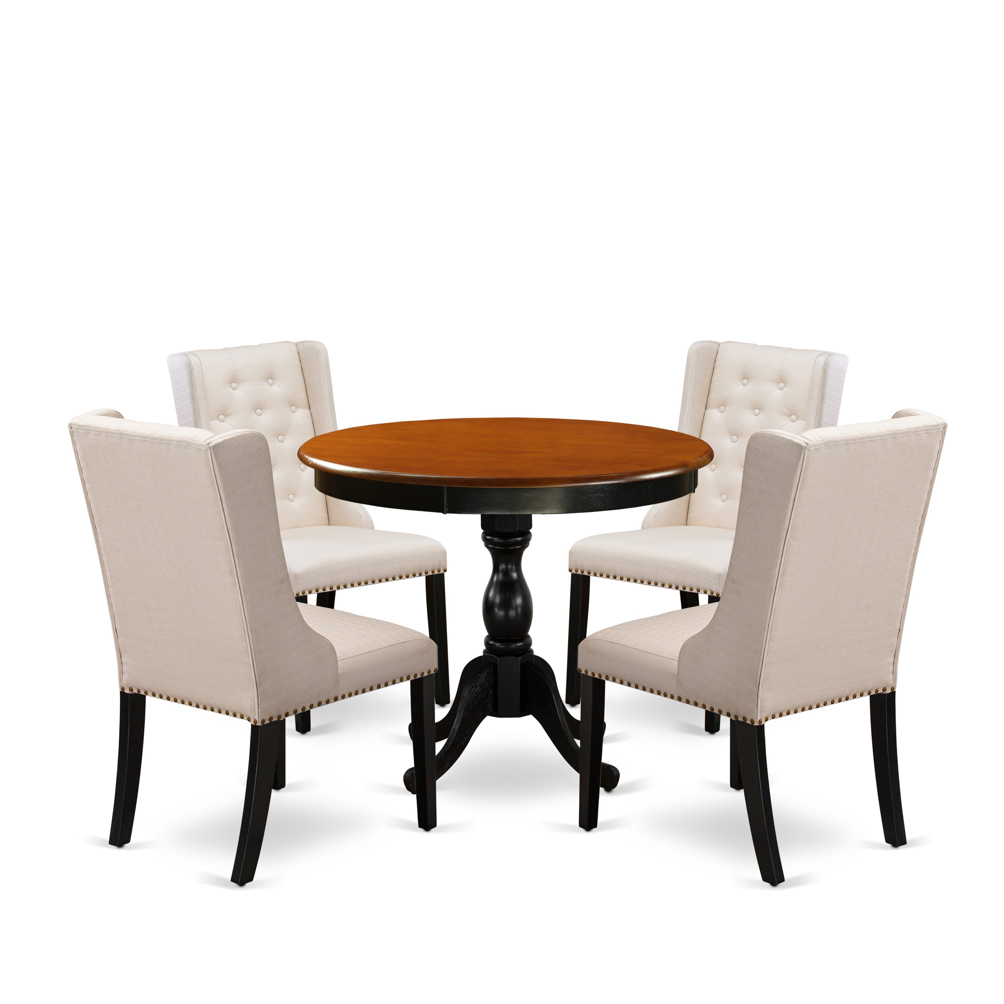 East West Furniture AMFO5-BCH-01 5-Piece Modern Dining Table Set Contains a Wood Dining Table and 4 Cream Linen Fabric Dining Room Chairs with Button Tufted Back - Black Finish