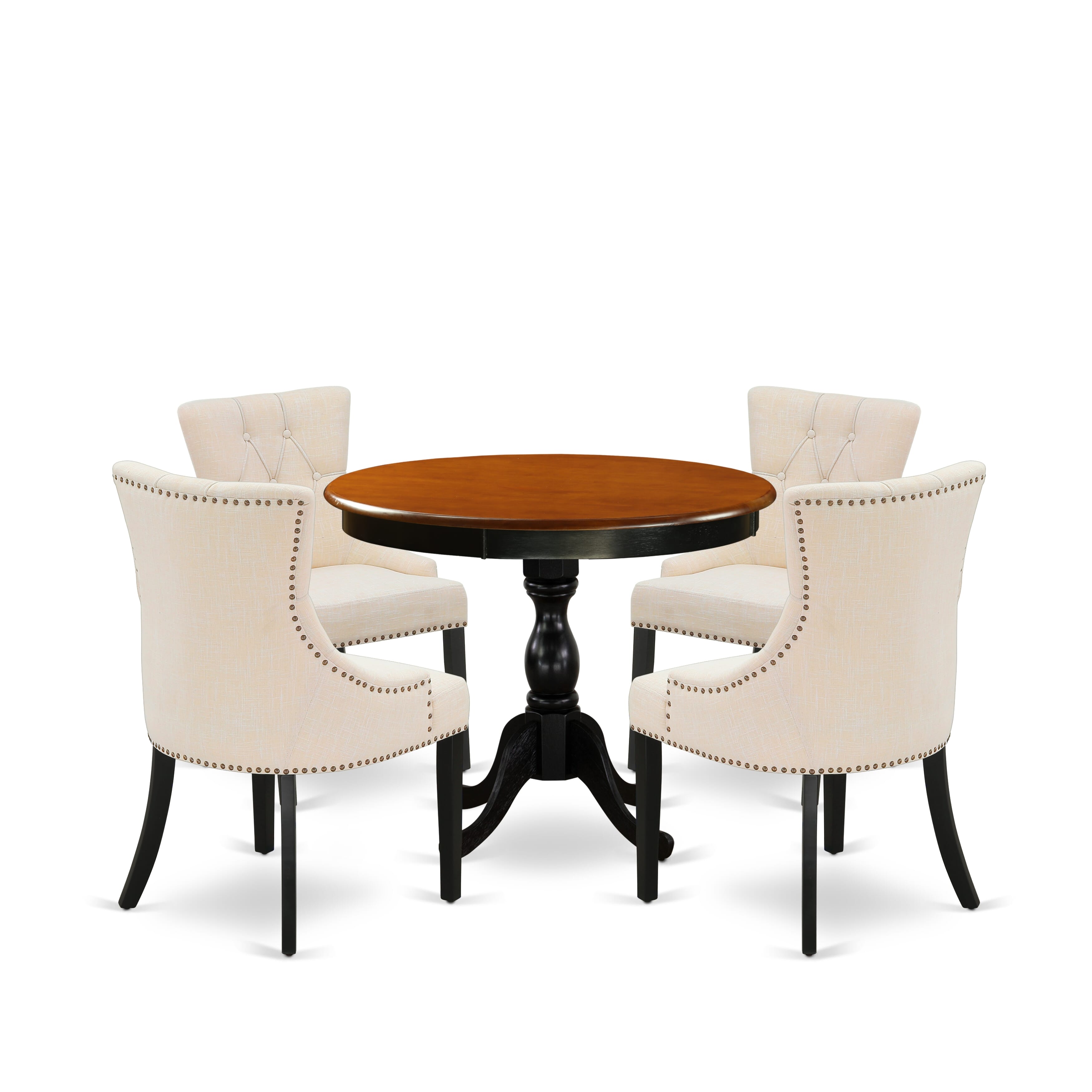 East West Furniture AMFR5-BCH-02 5-Piece Round Dining Table Set Contains a Dining Room Table and 4 Light Beige Linen Fabric Dining Chairs with Button Tufted Back - Black Finish