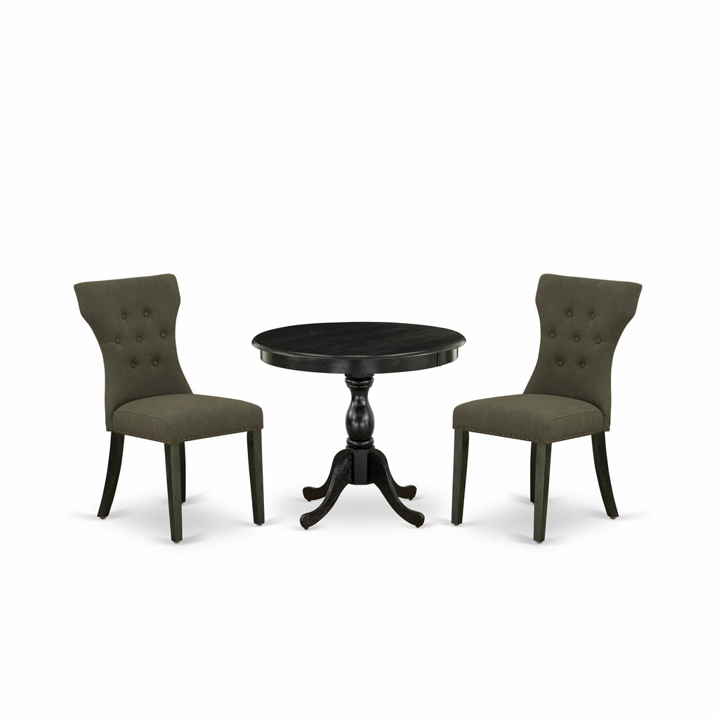 East West Furniture AMGA3-ABK-50 3 Piece Modern Dining Table Set Contains a Round Kitchen Table with Pedestal and 2 Dark Gotham Linen Fabric Upholstered Chairs