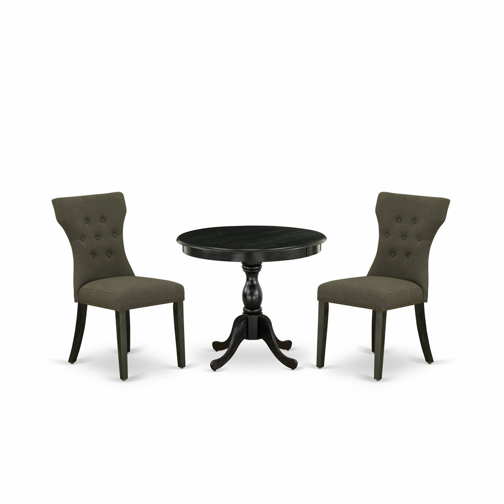 East West Furniture AMGA3-ABK-50 3 Piece Modern Dining Table Set Contains a Round Kitchen Table with Pedestal and 2 Dark Gotham Linen Fabric Upholstered Chairs, 36x36 Inch, Wirebrushed Black