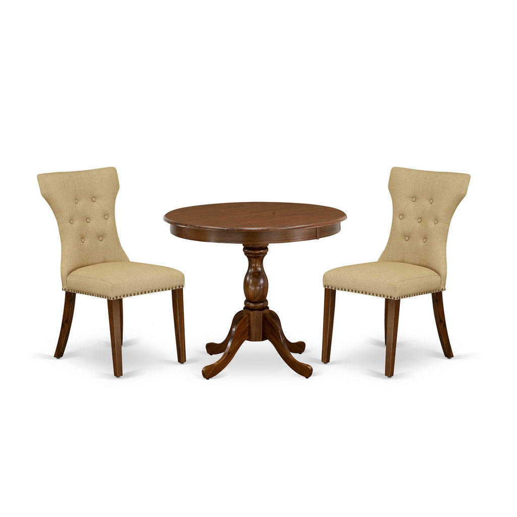 East West Furniture AMGA3-AWA-03 3 Piece Dining Table Set for Small Spaces Contains a Round Kitchen Table with Pedestal and 2 Brown Linen Fabric Parson Dining Chairs, 36x36 Inch, Walnut