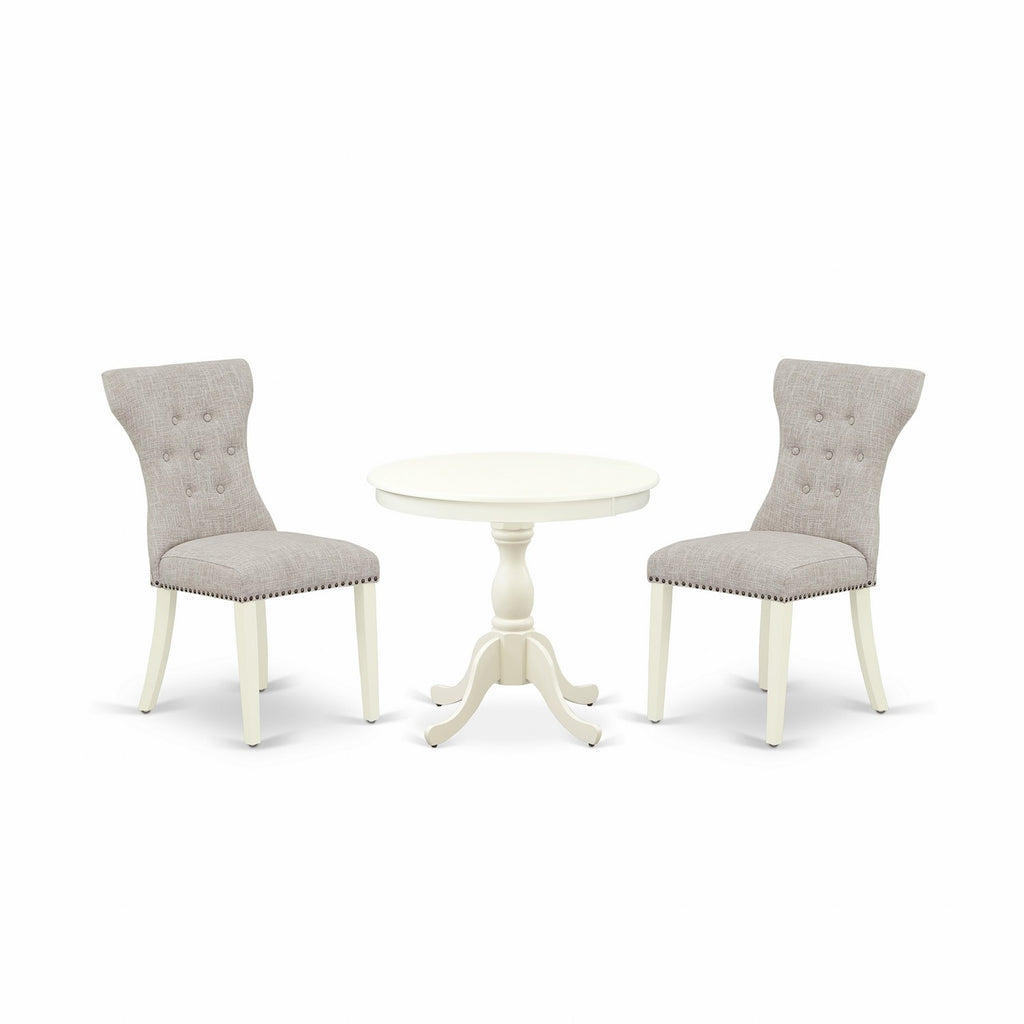 East West Furniture AMGA3-LWH-35 3 Piece Kitchen Table Set Contains a Round Dining Table with Pedestal and 2 Doeskin Linen Fabric Parson Dining Room Chairs