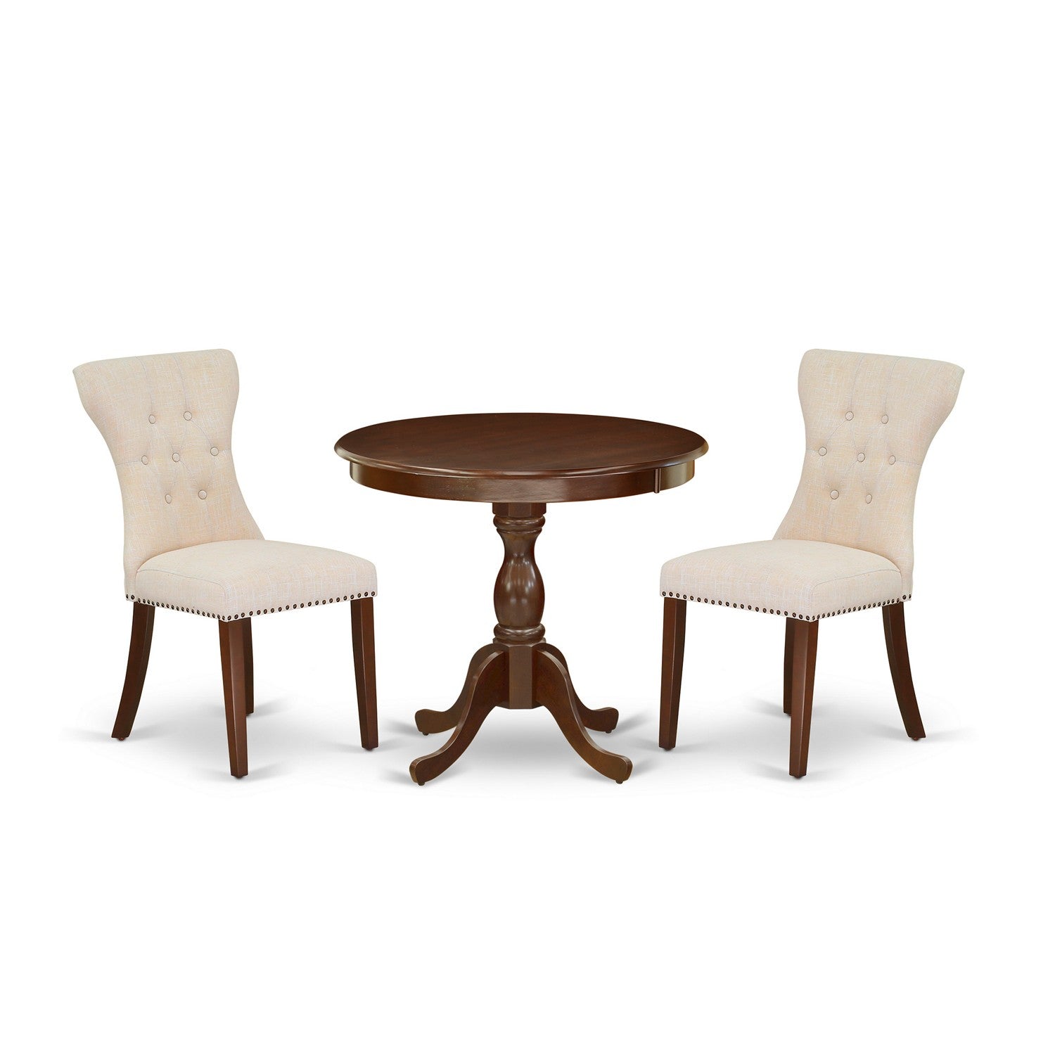 East West Furniture AMGA3-MAH-32 3 Piece Dining Set Includes 1 Mid Century Dining Table and 2 Light Beige Linen Fabric Dining Room Chair Button Tufted Back with Nail Heads - Mahogany Finish