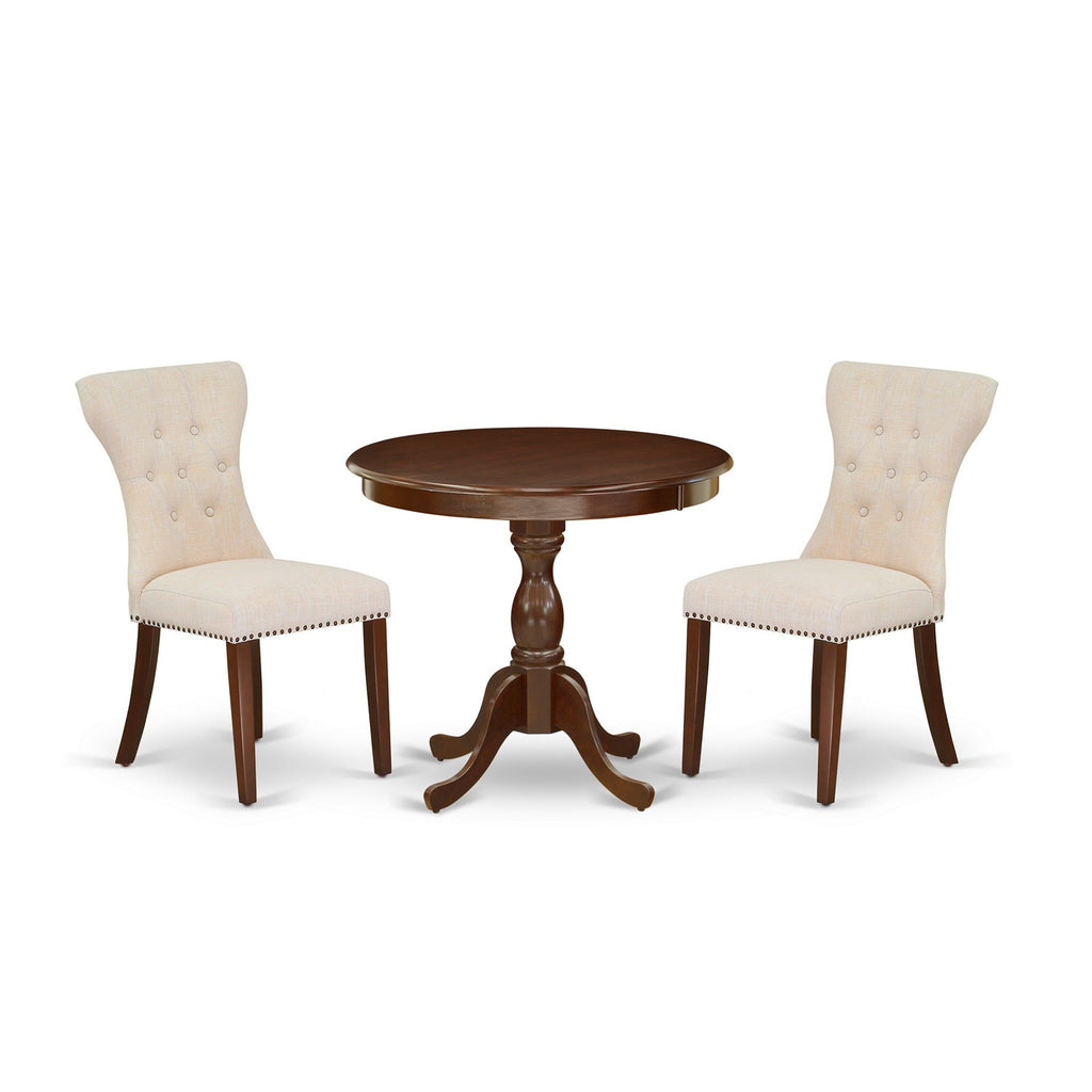East West Furniture AMGA3-MAH-32 3 Piece Dining Set Contains a Round Kitchen Table with Pedestal and 2 Light Beige Linen Fabric Upholstered Parson Chairs