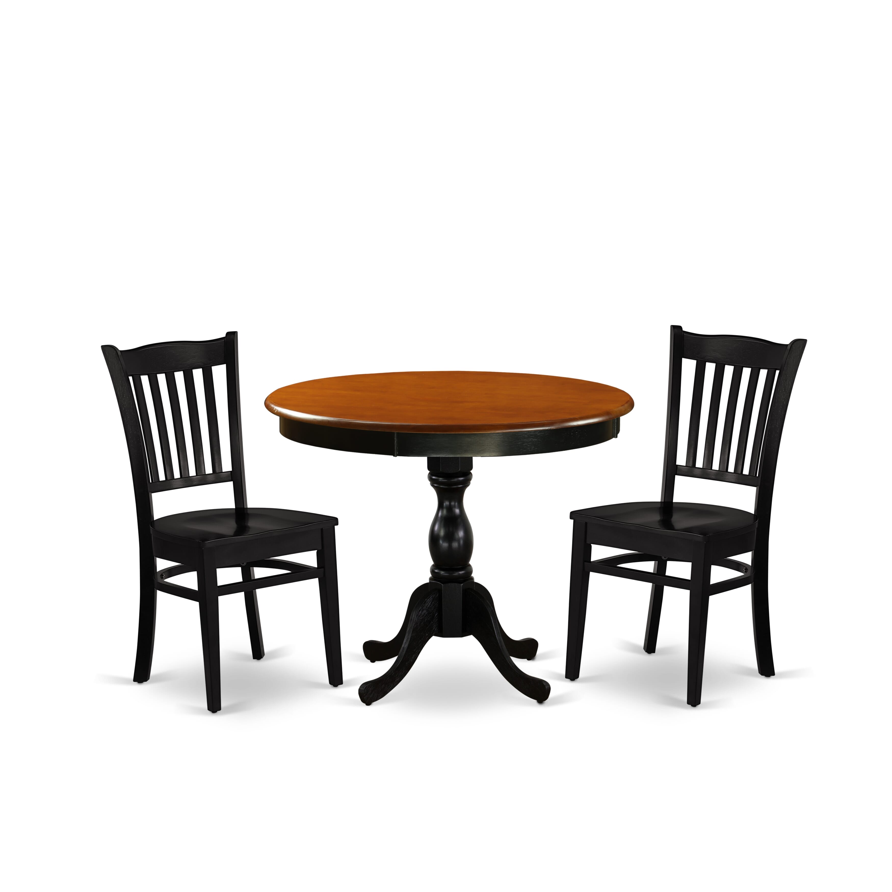 East West Furniture AMGR3-BCH-W 3-Pc Kitchen Table Set Contains a Mid Century Dining Table and 2 Dining Room Chairs with Slatted Back - Black Finish