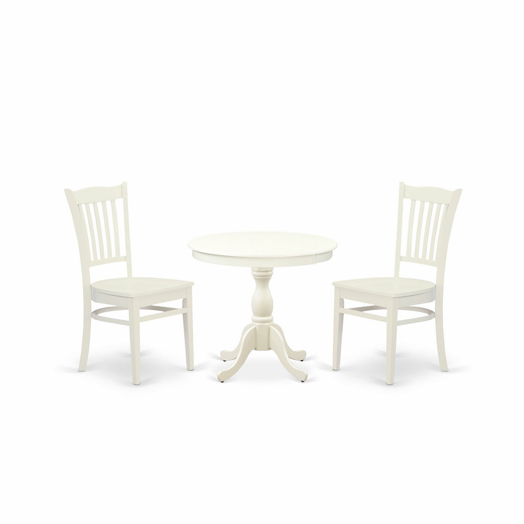 Juego de comedor de 3 piezas East West Furniture AMGR3-LWH-W para espacios pequeños. Contiene una mesa de cocina redonda con pedestal y 2 sillas de comedor.