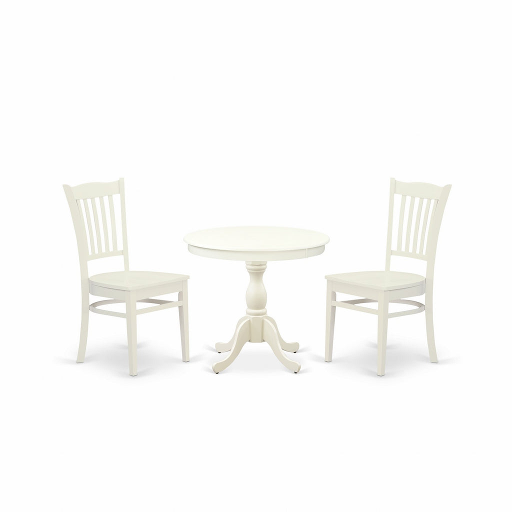 East West Furniture AMGR3-LWH-W 3 Piece Dinette Set for Small Spaces Contains a Round Kitchen Table with Pedestal and 2 Dining Room Chairs, 36x36 Inch, Linen White