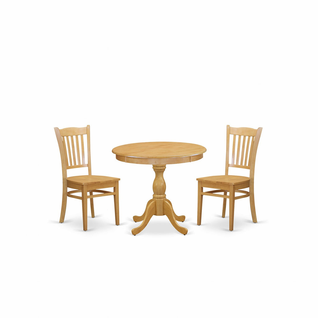 Juego de mesa de comedor de 3 piezas East West Furniture AMGR3-OAK-W para espacios pequeños. Contiene una mesa de cocina redonda con pedestal y 2 sillas de comedor.