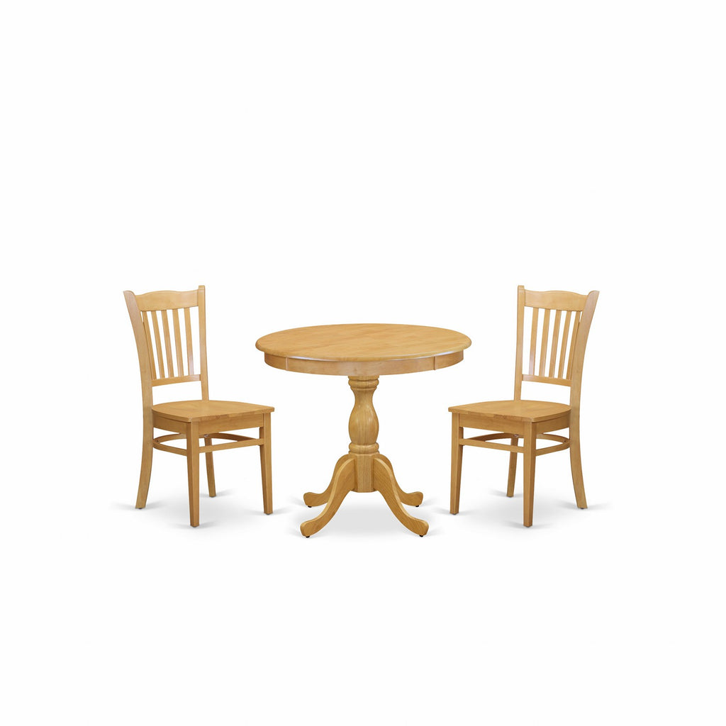East West Furniture AMGR3-OAK-W 3 Piece Dining Table Set for Small Spaces Contains a Round Kitchen Table with Pedestal and 2 Dining Chairs, 36x36 Inch, Oak
