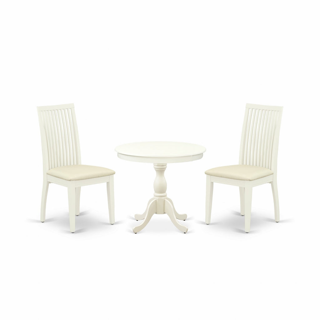 Juego de comedor de 3 piezas East West Furniture AMIP3-LWH-C que incluye una mesa de comedor redonda con pedestal y 2 sillas tapizadas en tela de lino.