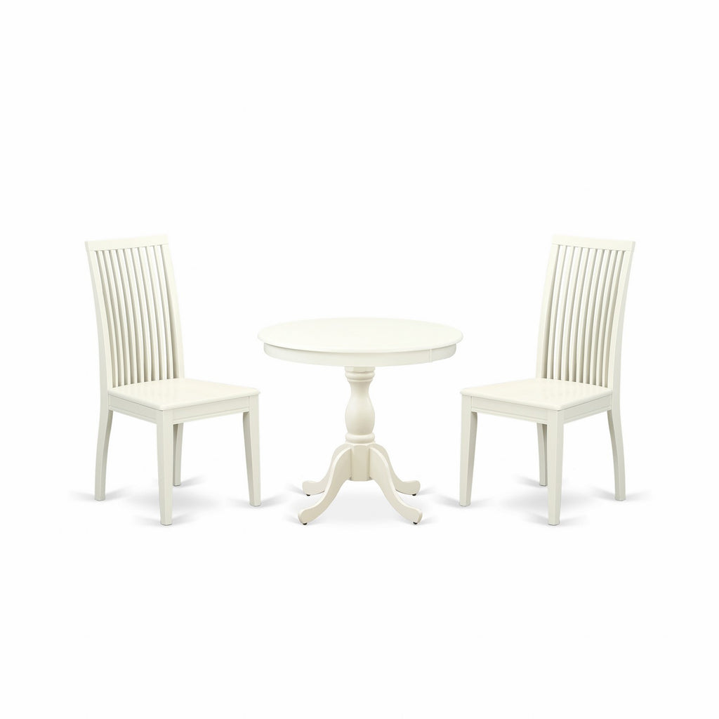 East West Furniture AMIP3-LWH-W 3 Piece Dining Room Table Set  Contains a Round Kitchen Table with Pedestal and 2 Dining Chairs