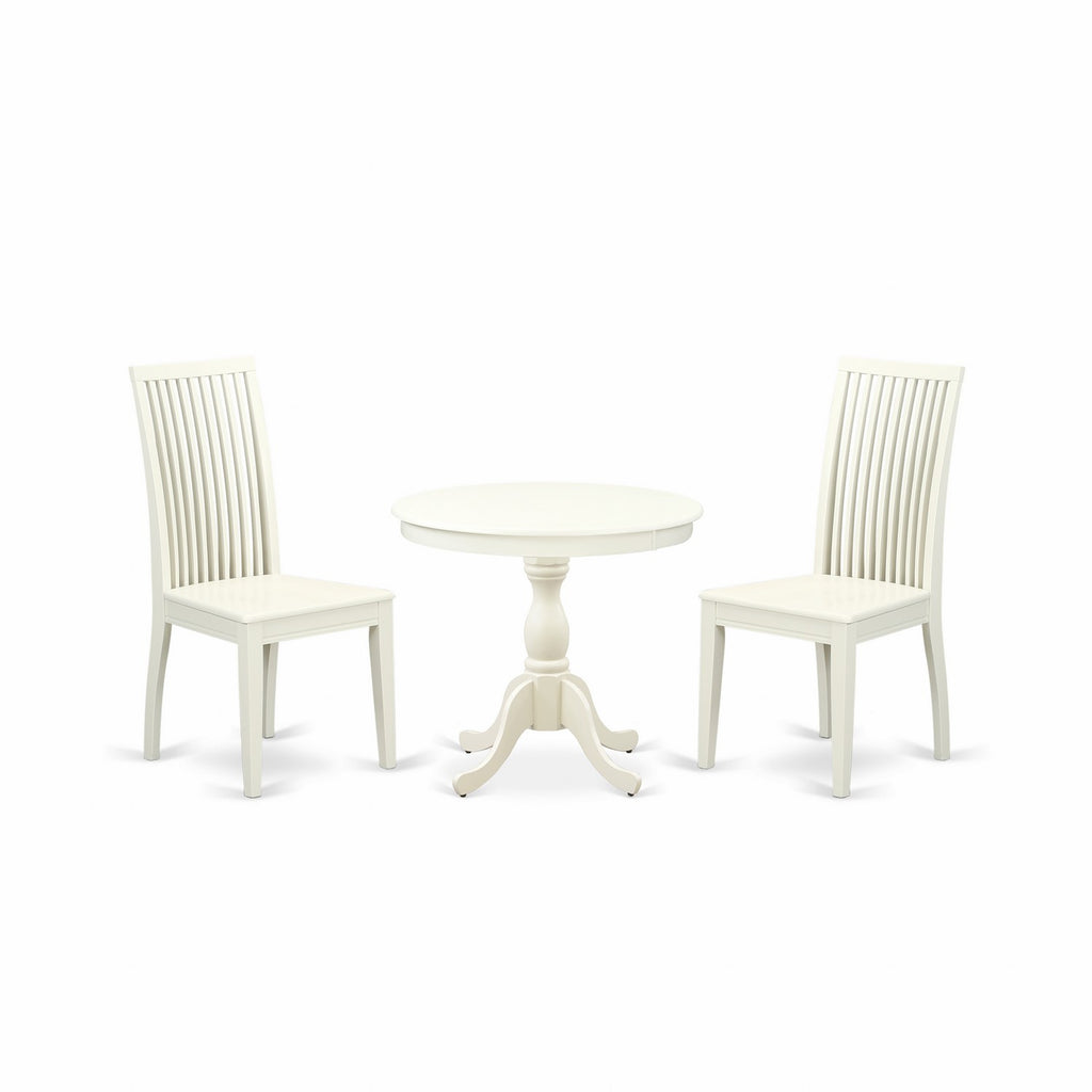 East West Furniture AMIP3-LWH-W 3 Piece Dining Room Table Set  Contains a Round Kitchen Table with Pedestal and 2 Dining Chairs, 36x36 Inch, Linen White