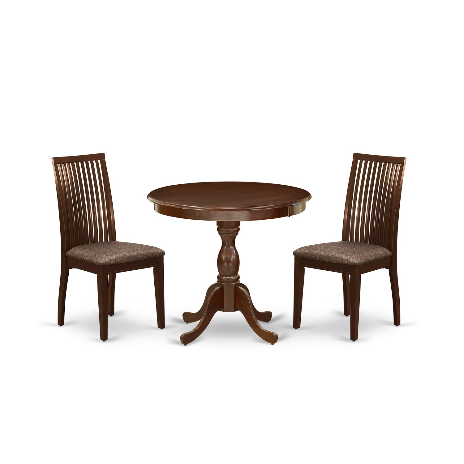 Juego de mesa y sillas de cocina de 3 piezas AMIP3-MAH-C de East West Furniture. Incluye una mesa de comedor redonda con pedestal y dos sillas tapizadas en tela de lino.